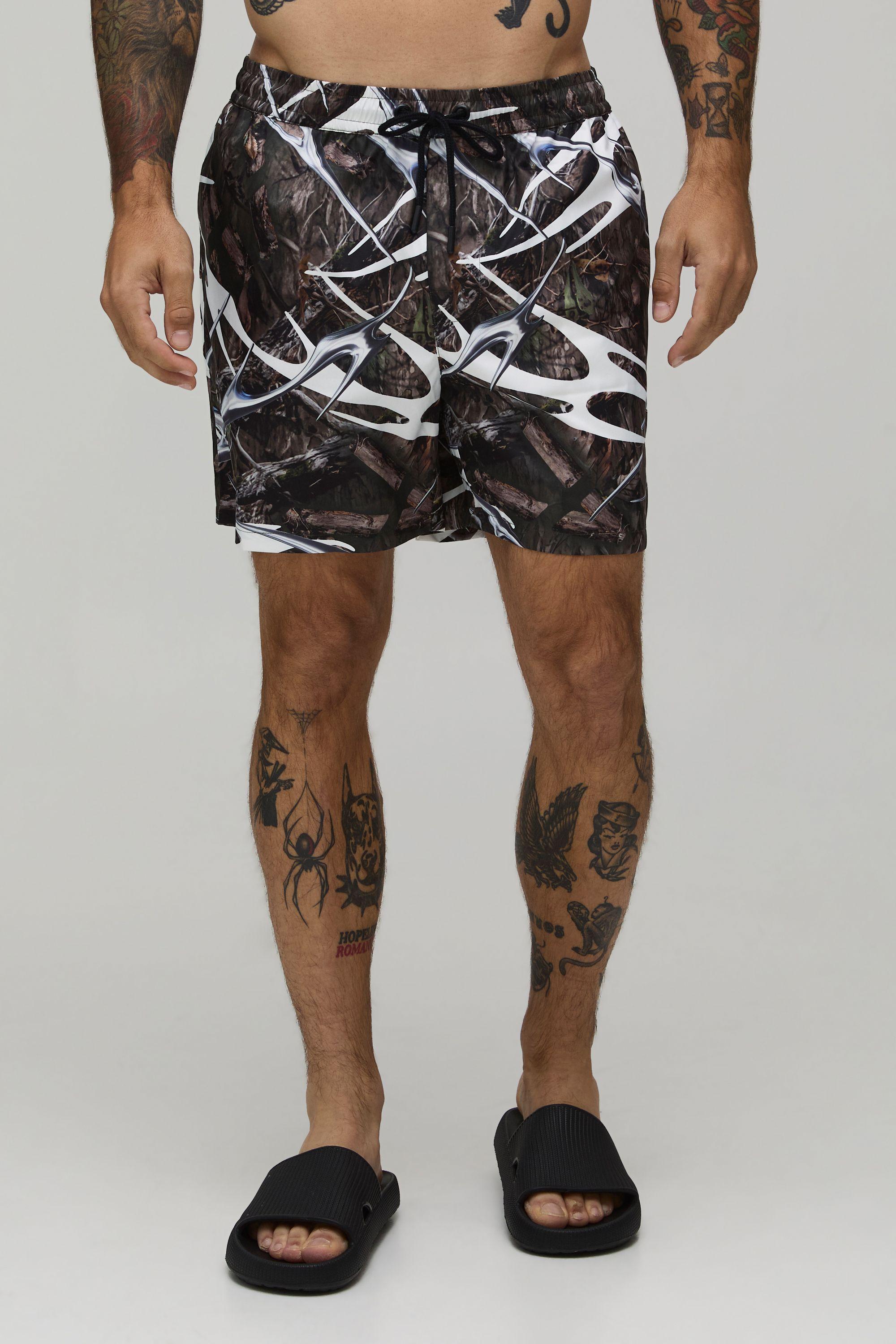 Camo Tribal Print Short Length Swim Short by BOOHOOMAN
