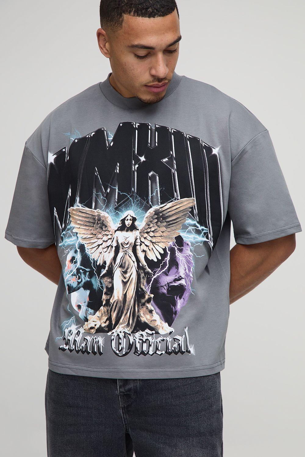 Charcoal Oversized Boxy Heavyweight Angel Printed T-Shirt by BOOHOOMAN