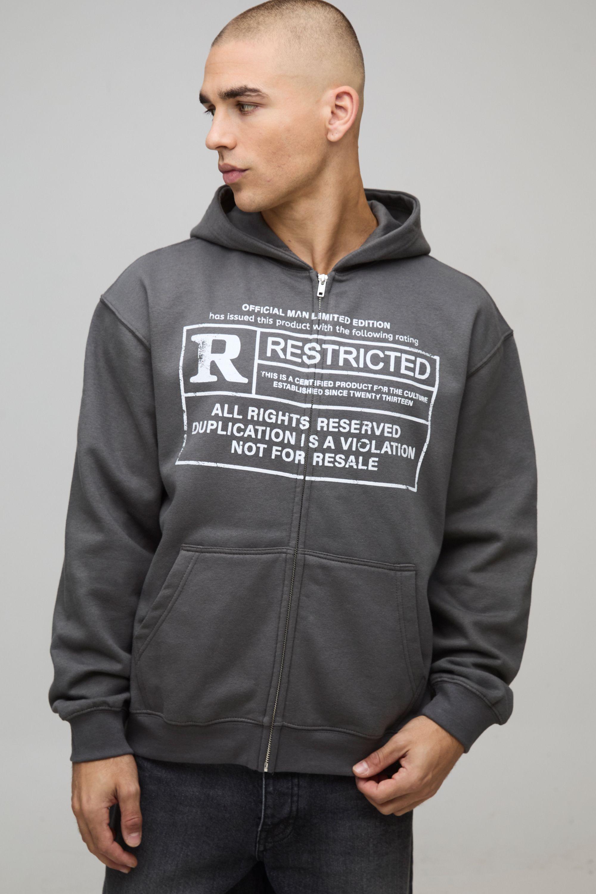 Charcoal Oversized Boxy Restricted Graphic Zip Through Hoodie by BOOHOOMAN