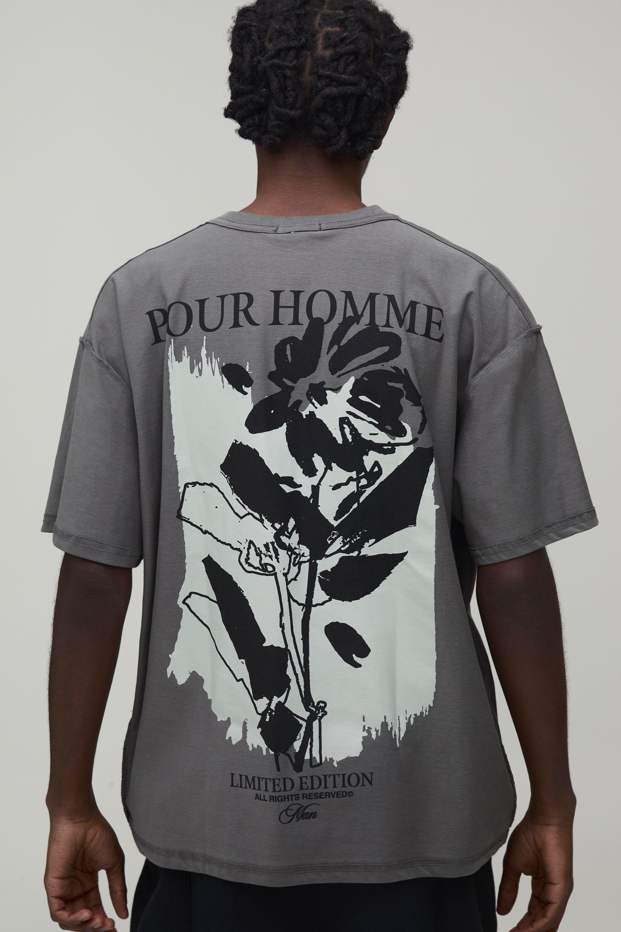 Charcoal Oversized Floral Print Exposed Seam T-Shirt by BOOHOOMAN