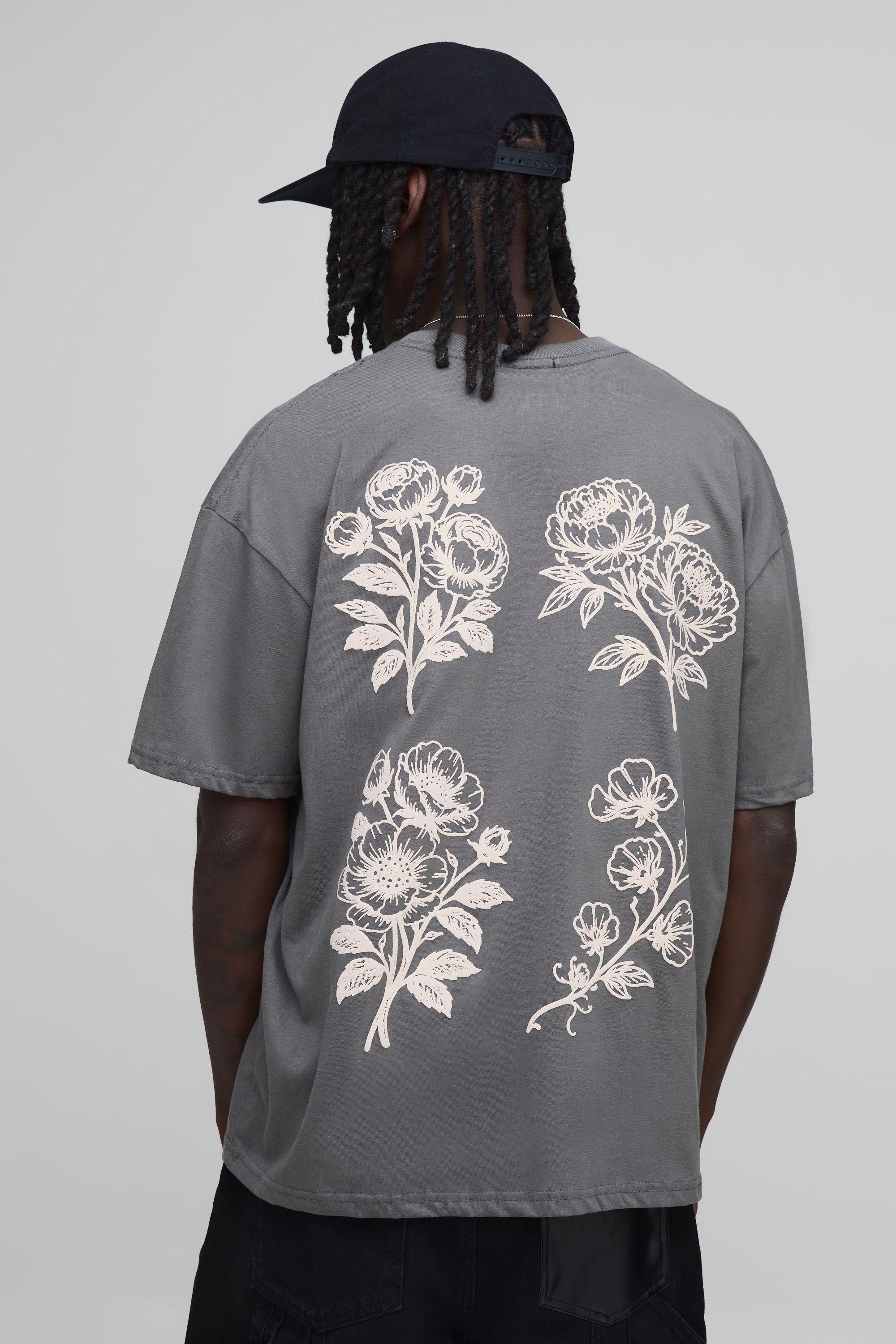 Charcoal Oversized Floral Puff Print T-Shirt by BOOHOOMAN