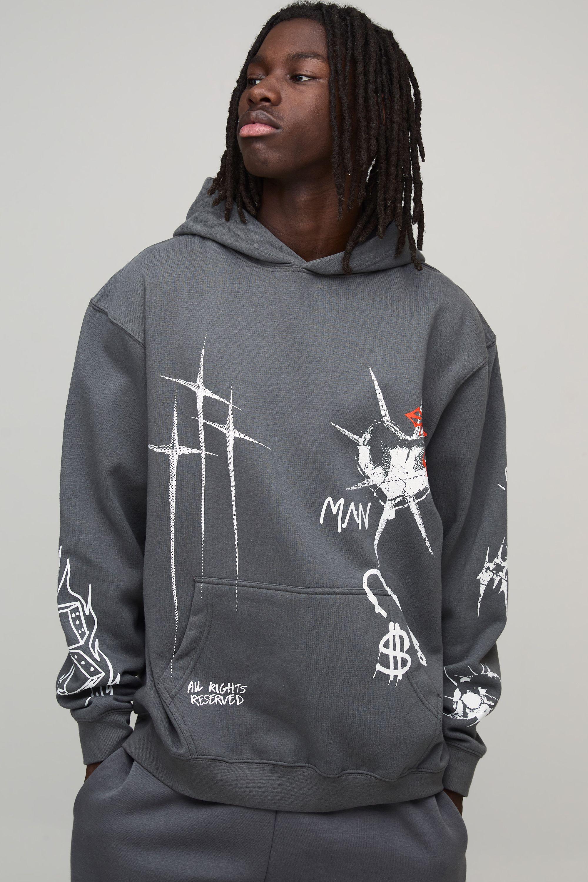 Charcoal Oversized Graffiti Tattoo Printed Hoodie by BOOHOOMAN