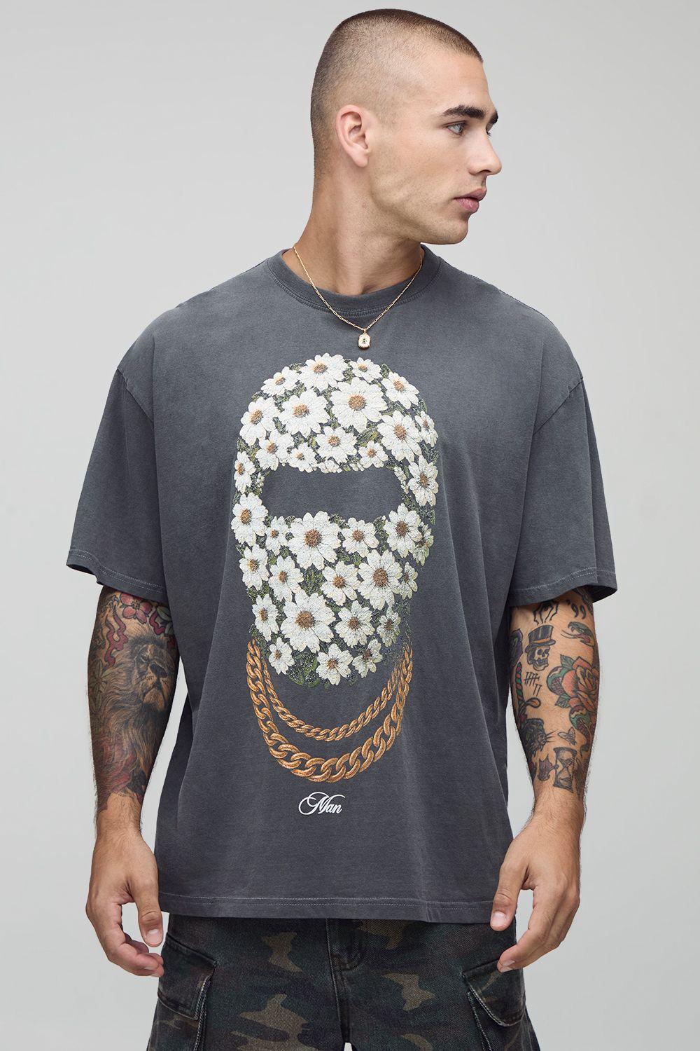 Charcoal Oversized Man Daisy Ski Mask Printed T-Shirt by BOOHOOMAN