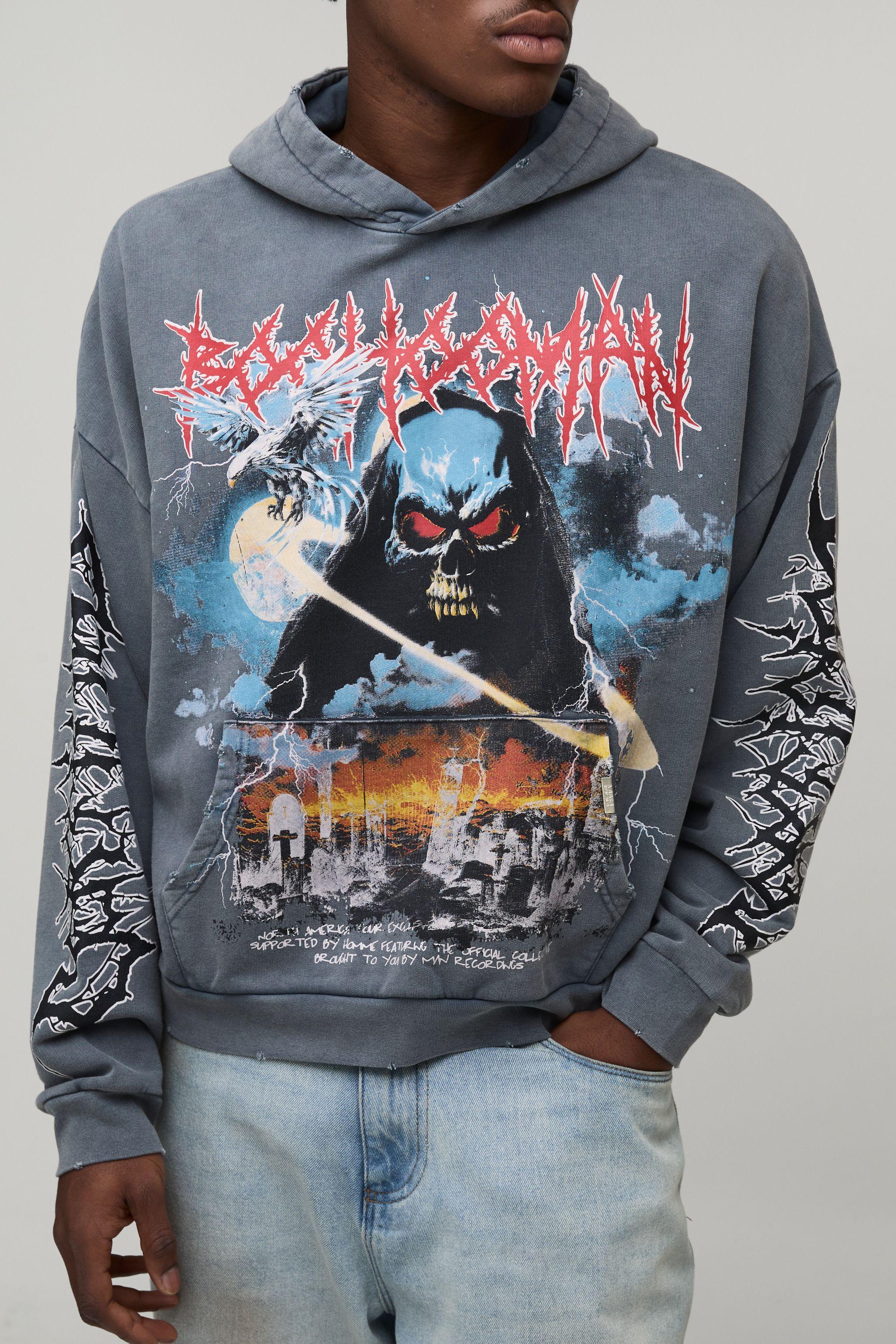 Charcoal Oversized Premium BHM Gothic Acid Wash Printed Hoodie by BOOHOOMAN