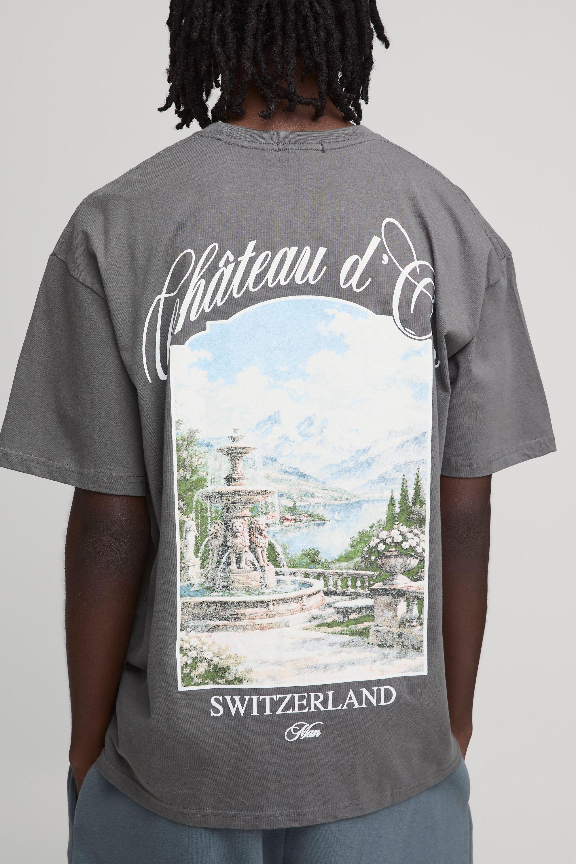 Charcoal Oversized Switzerland Chateau Print T-Shirt by BOOHOOMAN