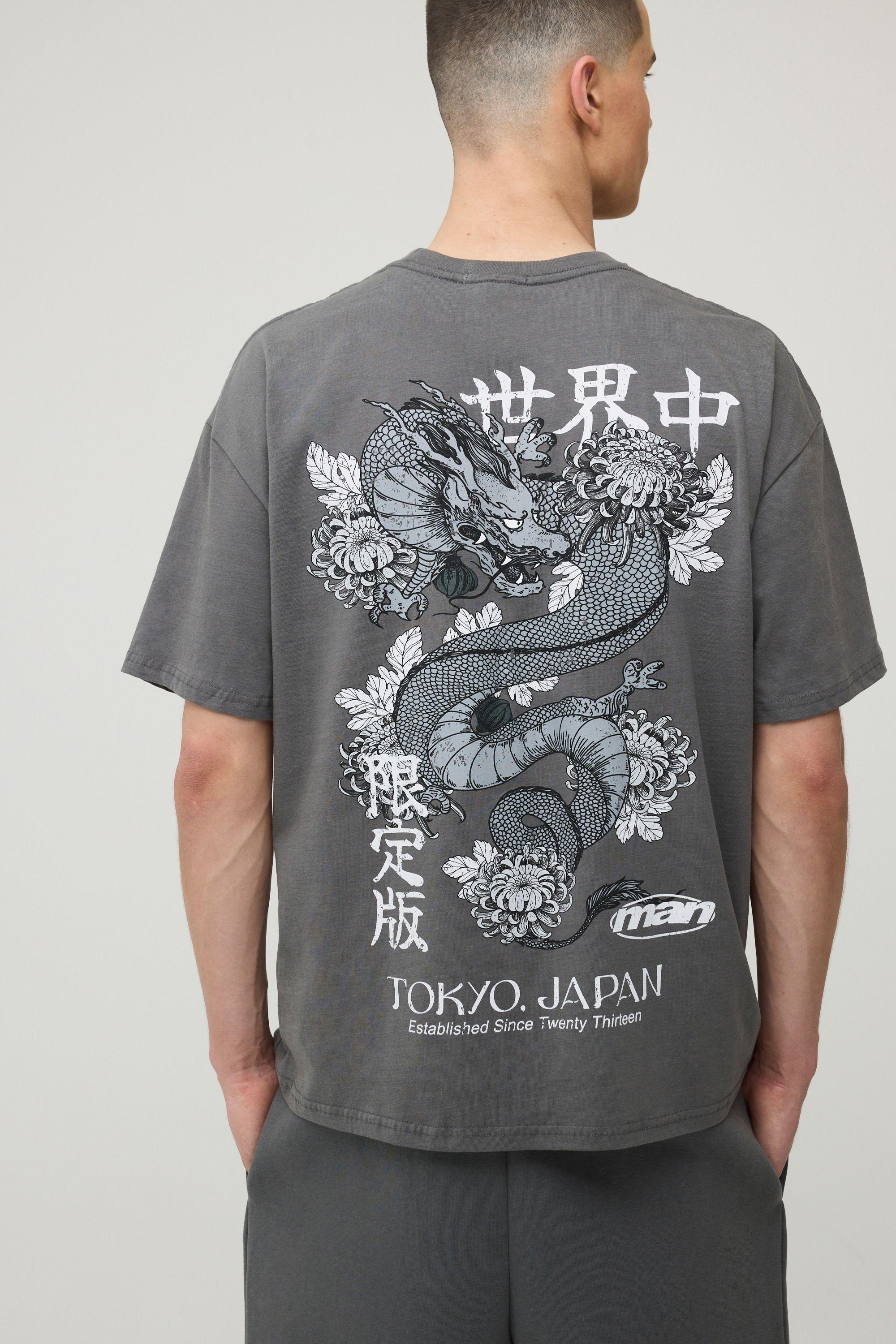 Charcoal Oversized Tokyo Dragon Print T-Shirt by BOOHOOMAN