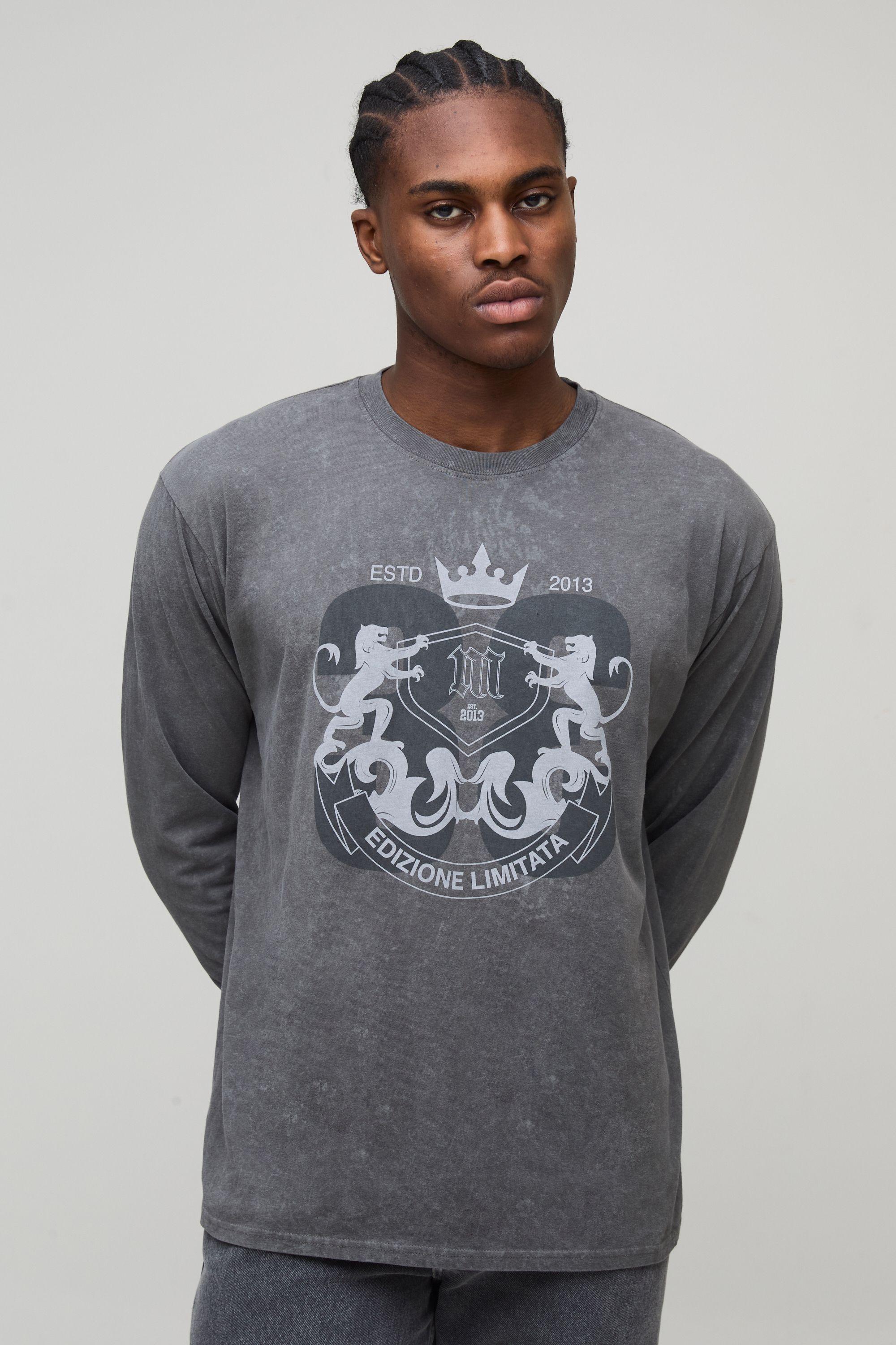Charcoal Regular Fit Graphic Acid Wash Long Sleeve Printed T-Shirt by BOOHOOMAN