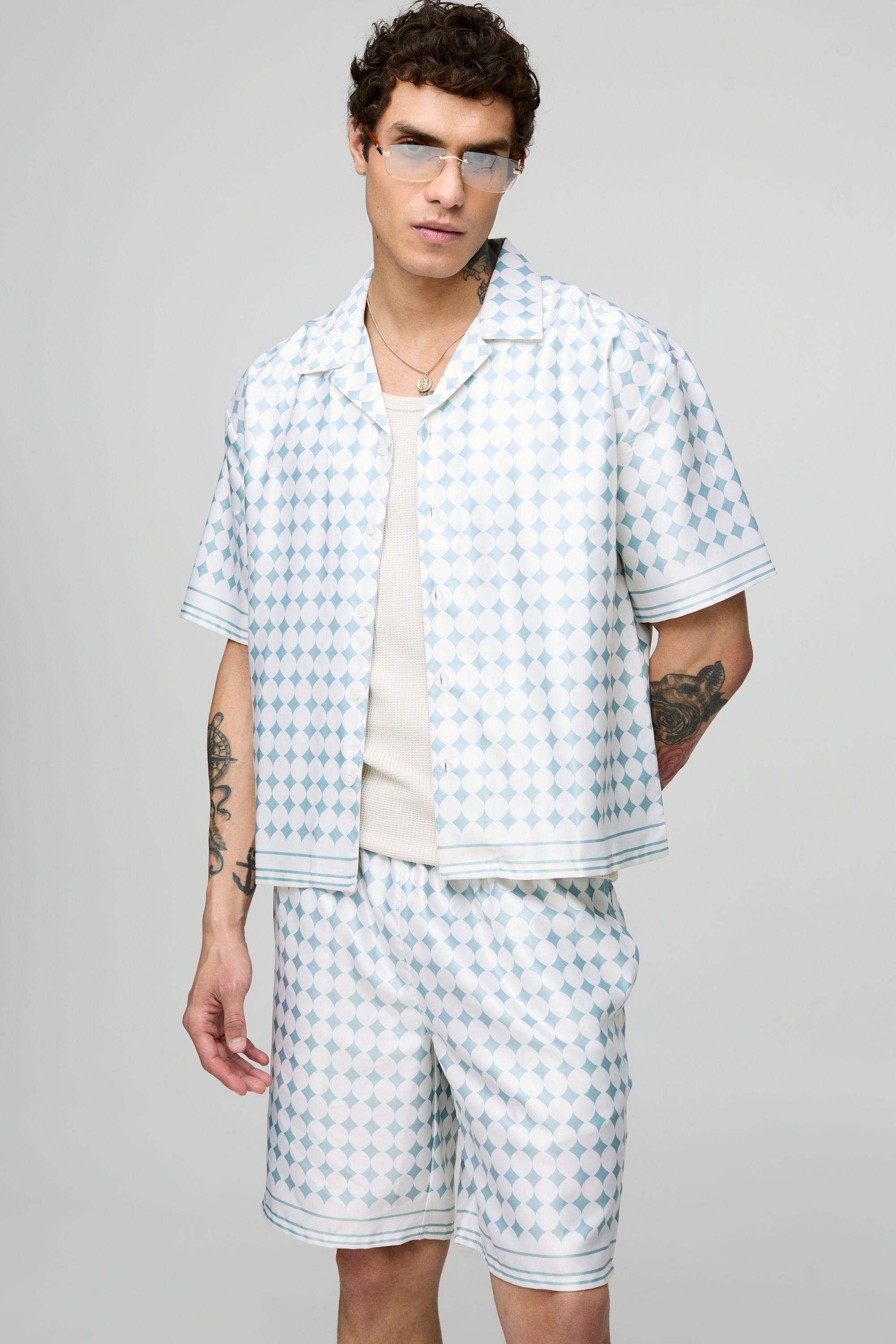 Checked Satin Oversized Boxy Shirt & Short Set by BOOHOOMAN