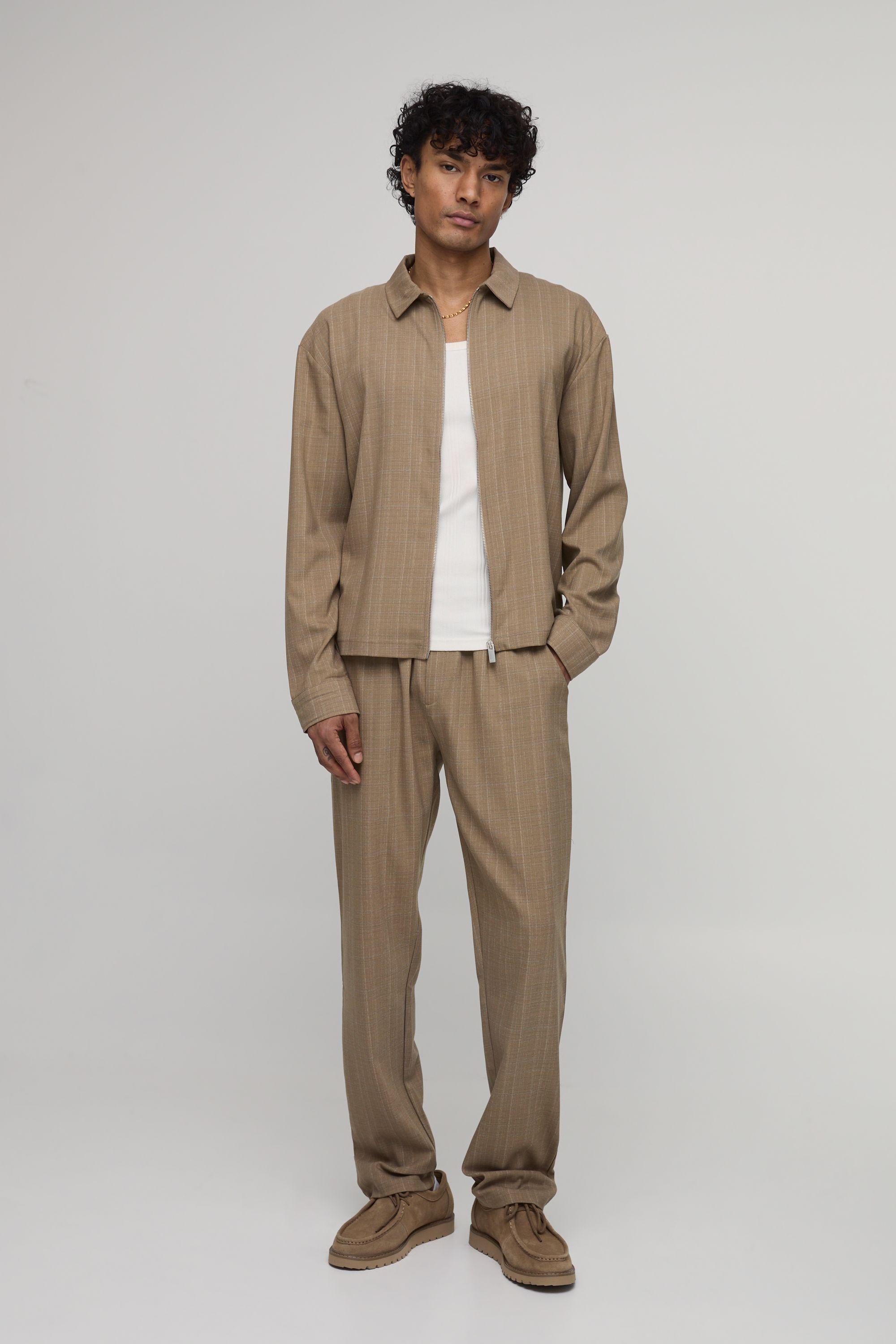 Checked Zip Up Regular Overshirt & Straight Trouser Set by BOOHOOMAN