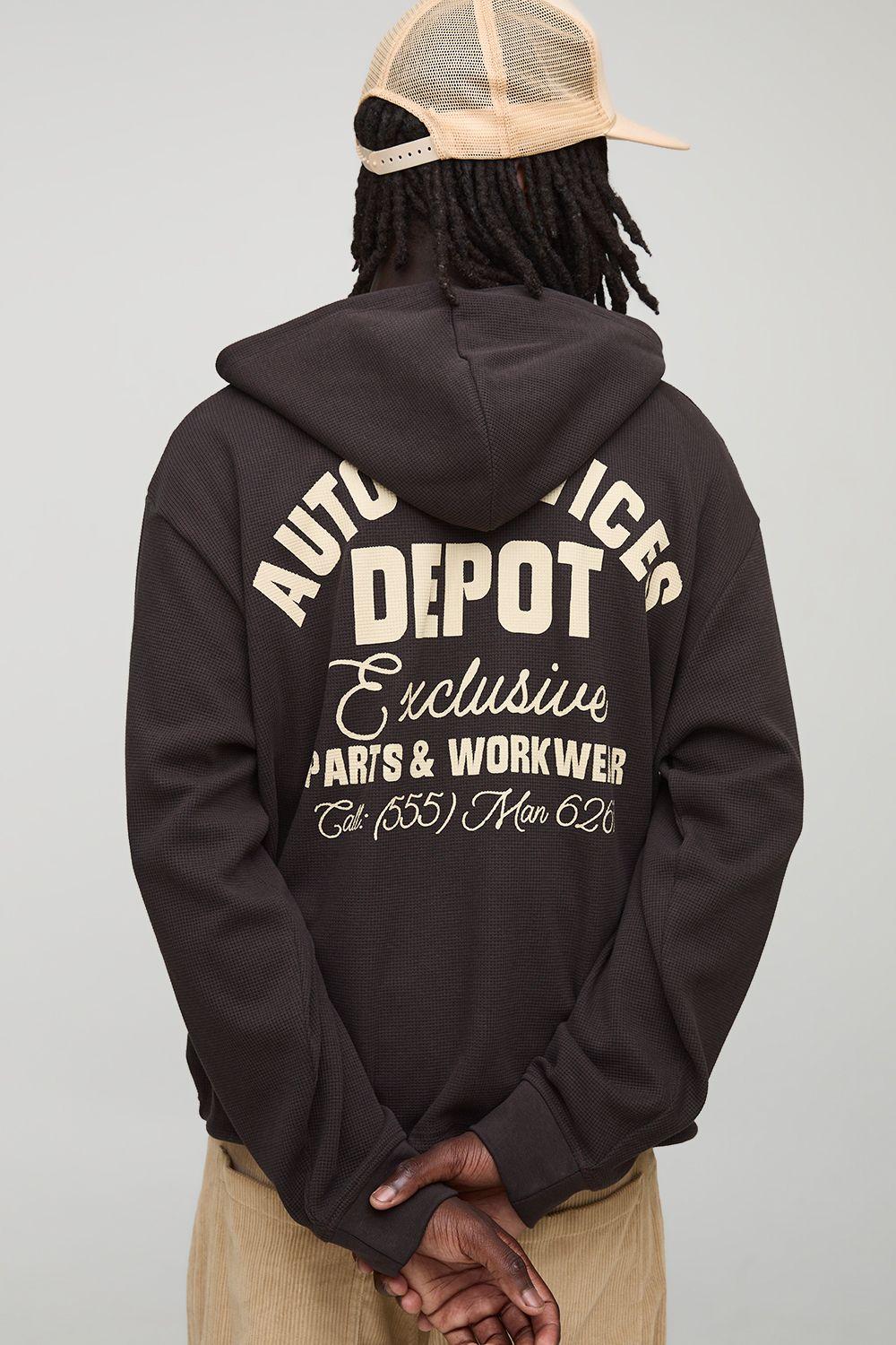 Chocolate Oversized Boxy Zip Through Heavyweight Waffle Printed Hoodie by BOOHOOMAN