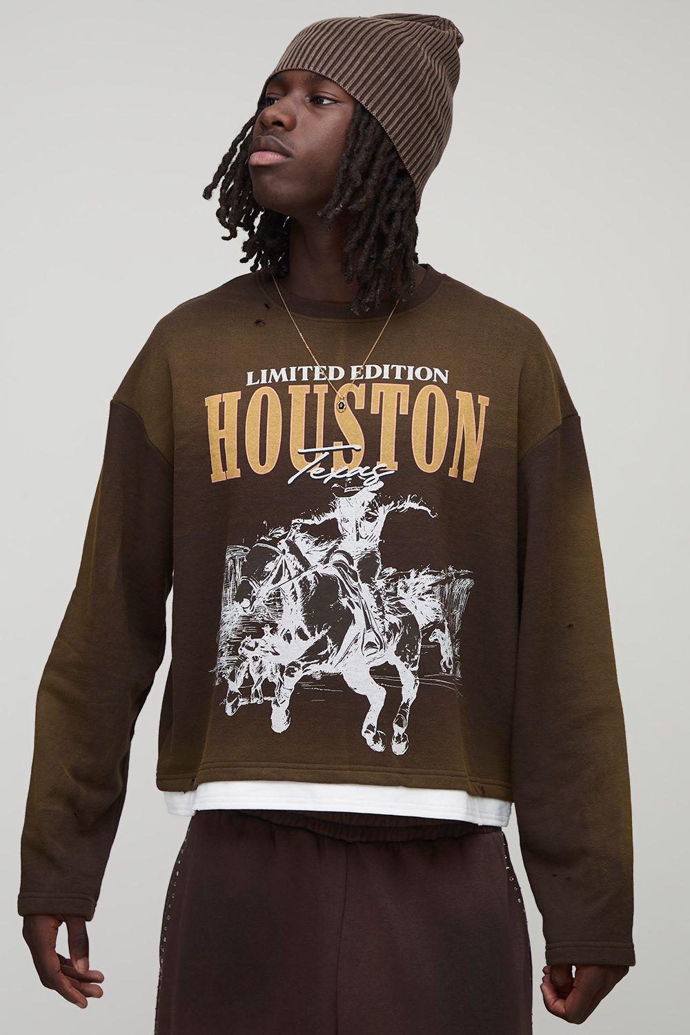 Chocolate Shrunken Boxy Washed Limited Western Faux Layer Hem Printed Sweatshirt by BOOHOOMAN