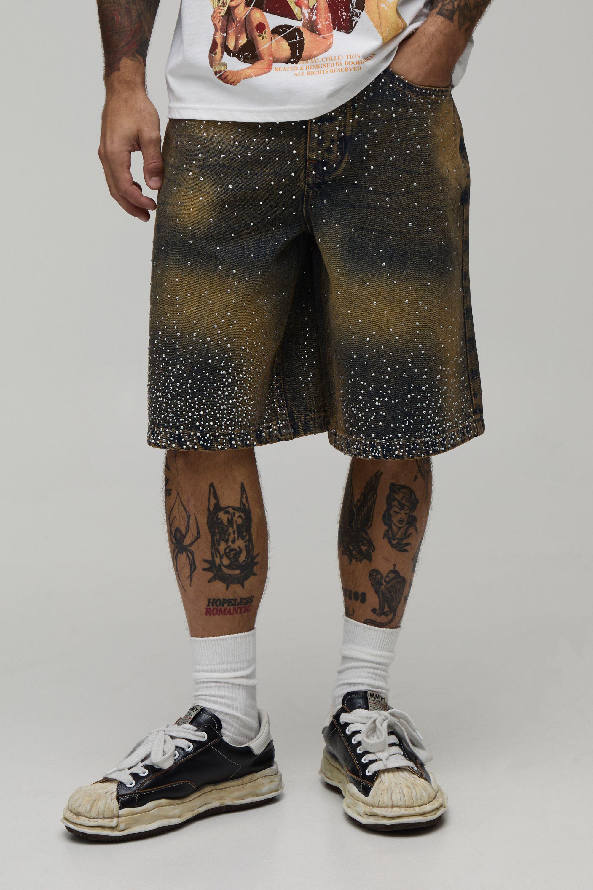 Clustered Rhinestone Tinted Denim Jorts by BOOHOOMAN