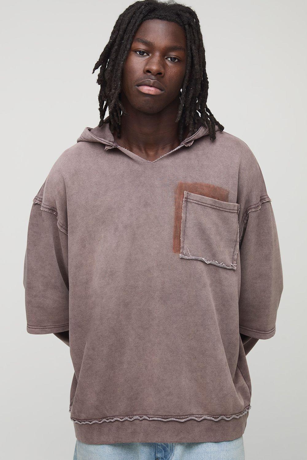 Coffee Oversized Stone Washed Raw Collar Pocket Hoodie by BOOHOOMAN