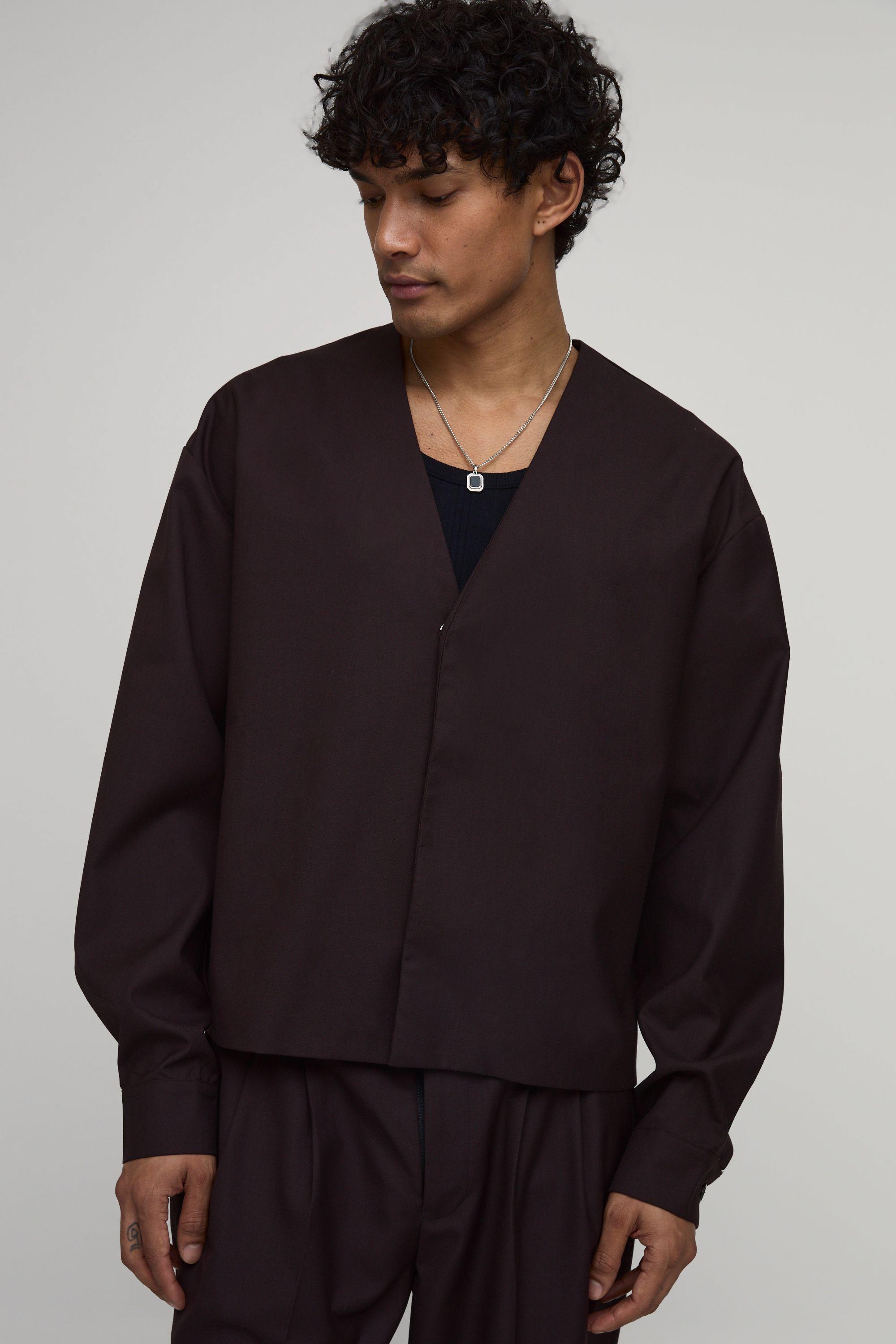 Collarless V Neck Boxy Blazer by BOOHOOMAN