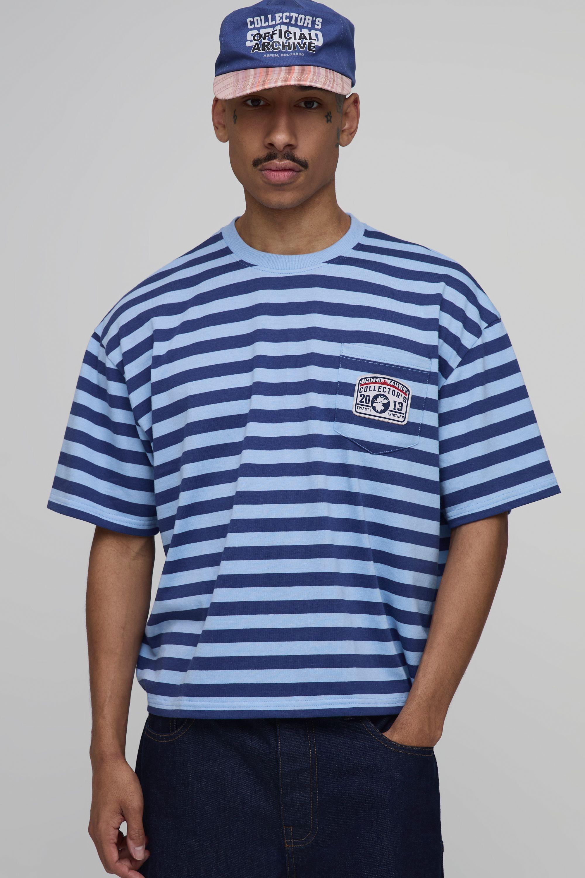 Collector's Edtn Oversized Striped Badged Pocket T-shirt by BOOHOOMAN