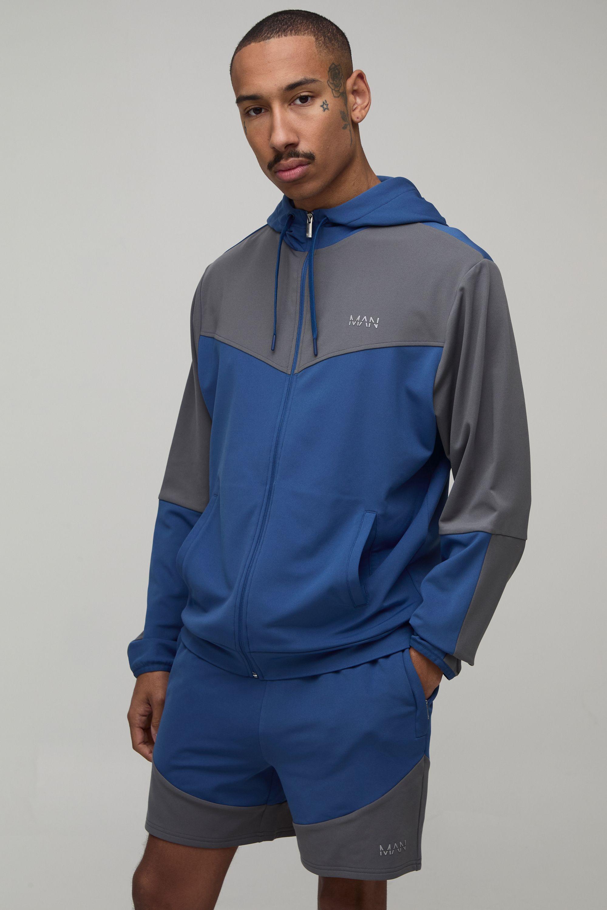 Colour Block Funnel Hooded Regular Fit Short Tracksuit by BOOHOOMAN