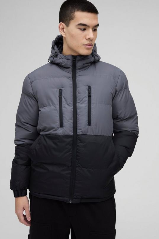 Colour Block Hooded Puffer in Charcoal by BOOHOOMAN