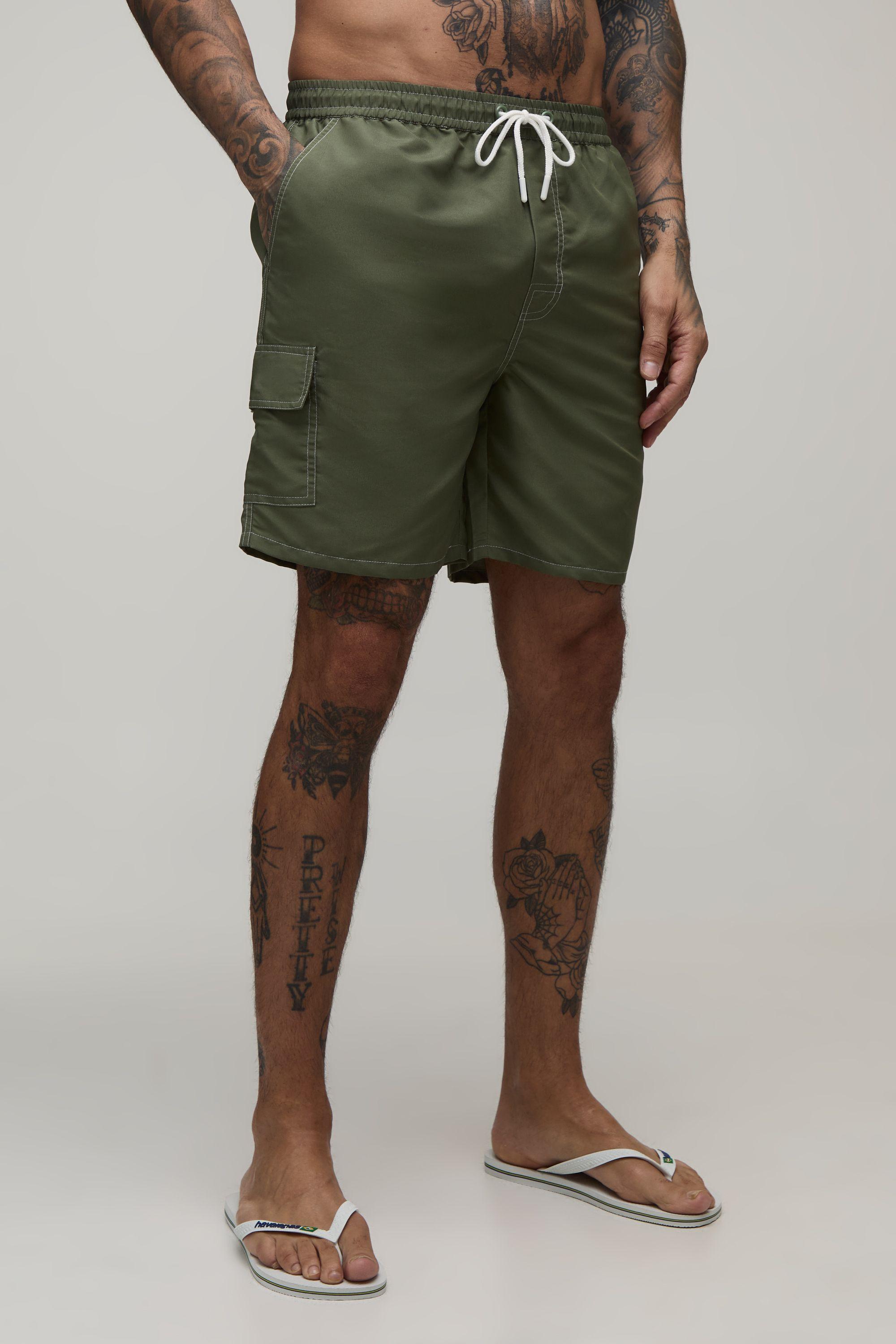 Constrast Stitch Cargo Pocket Mid Length Swim Short by BOOHOOMAN