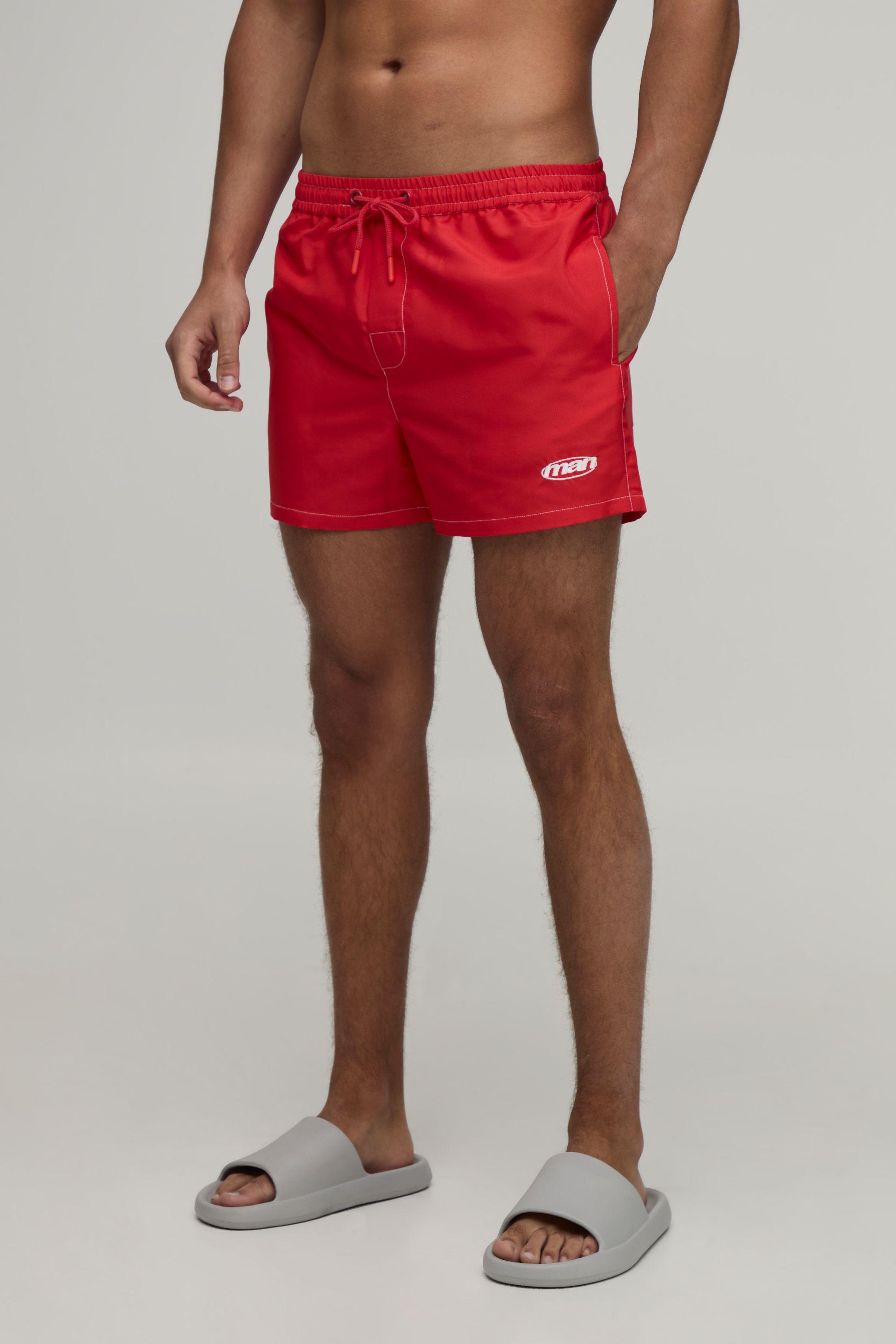Constrast Stitch Short Length Man Embroidered Swim Short by BOOHOOMAN