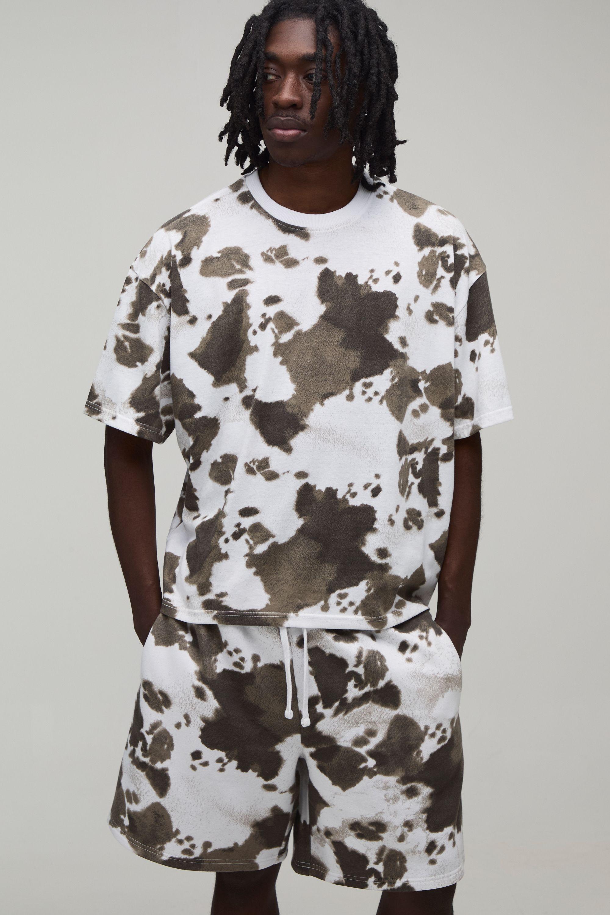 Cow Hide Printed Oversized Boxy T-Shirt & Baggy Short Set by BOOHOOMAN