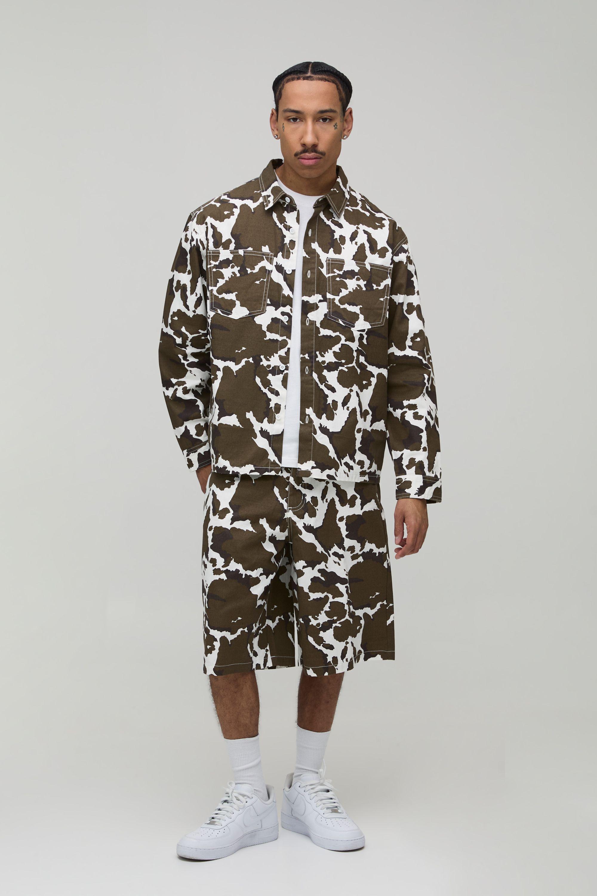 Cow Print Oversized Long Sleeve Shirt & Short Set by BOOHOOMAN
