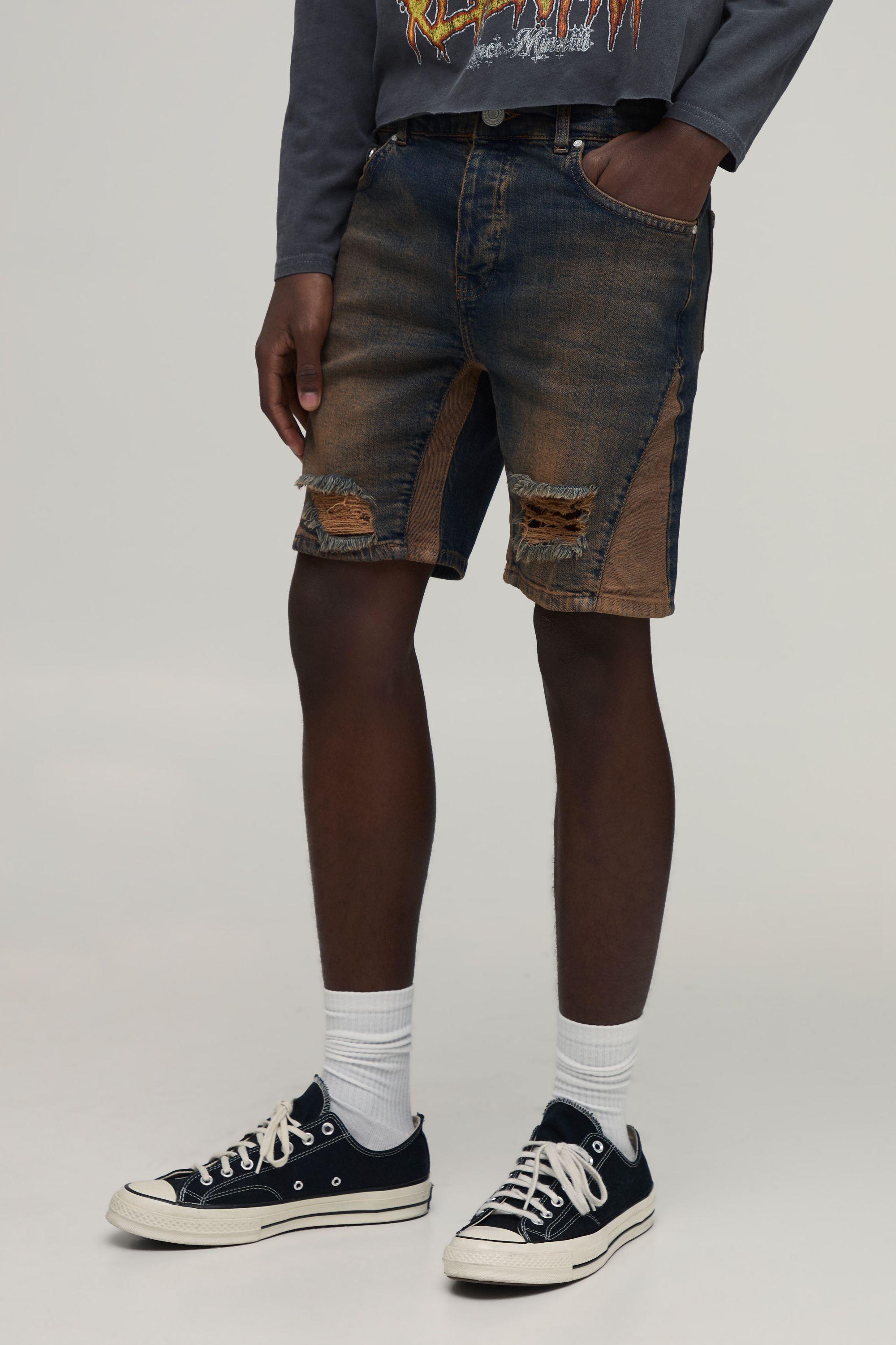 Crease Wash Ripped Knee Gusset Skinny Denim Shorts by BOOHOOMAN