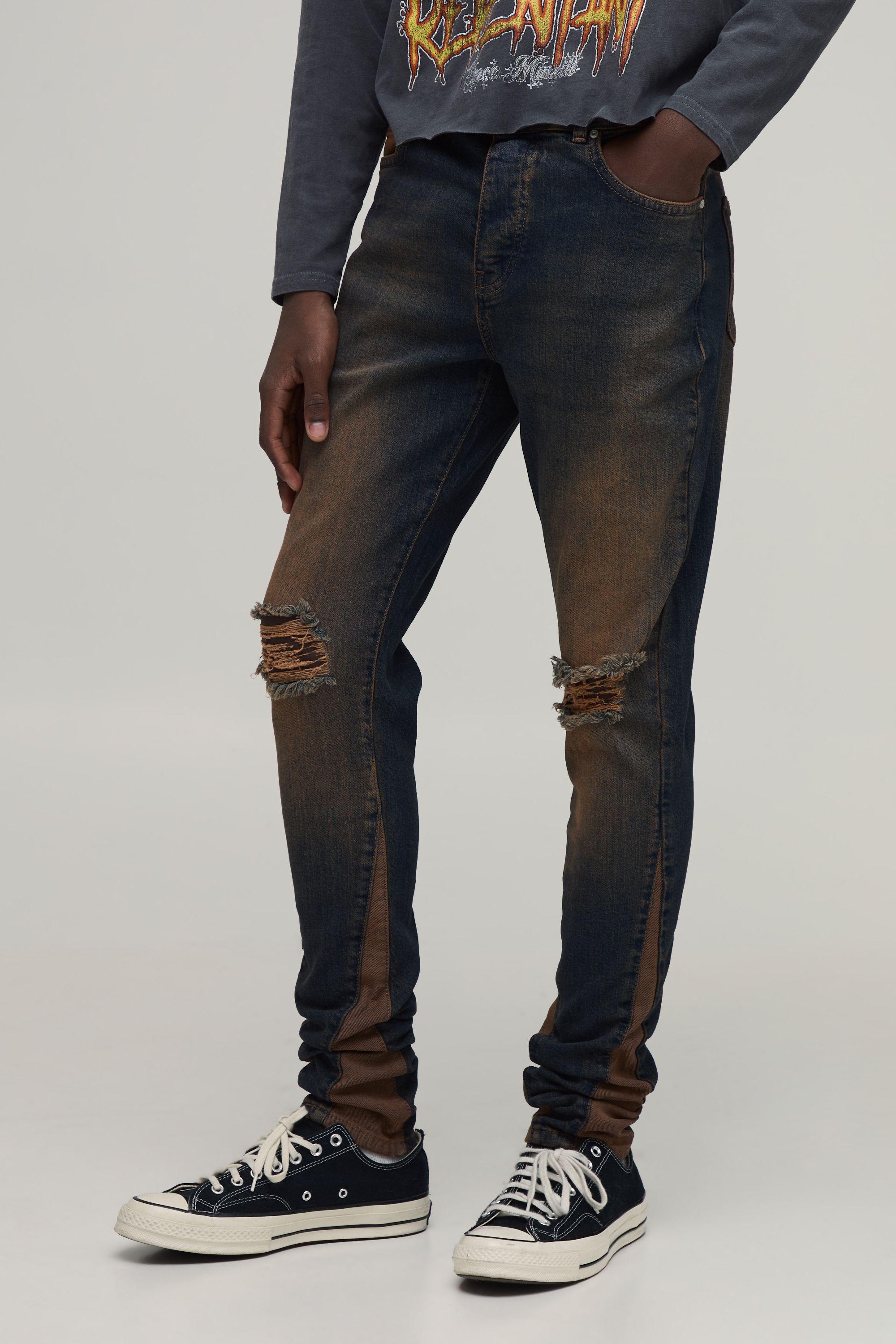 Crease Wash Ripped Knee Gusset Stacked Skinny Jeans by BOOHOOMAN