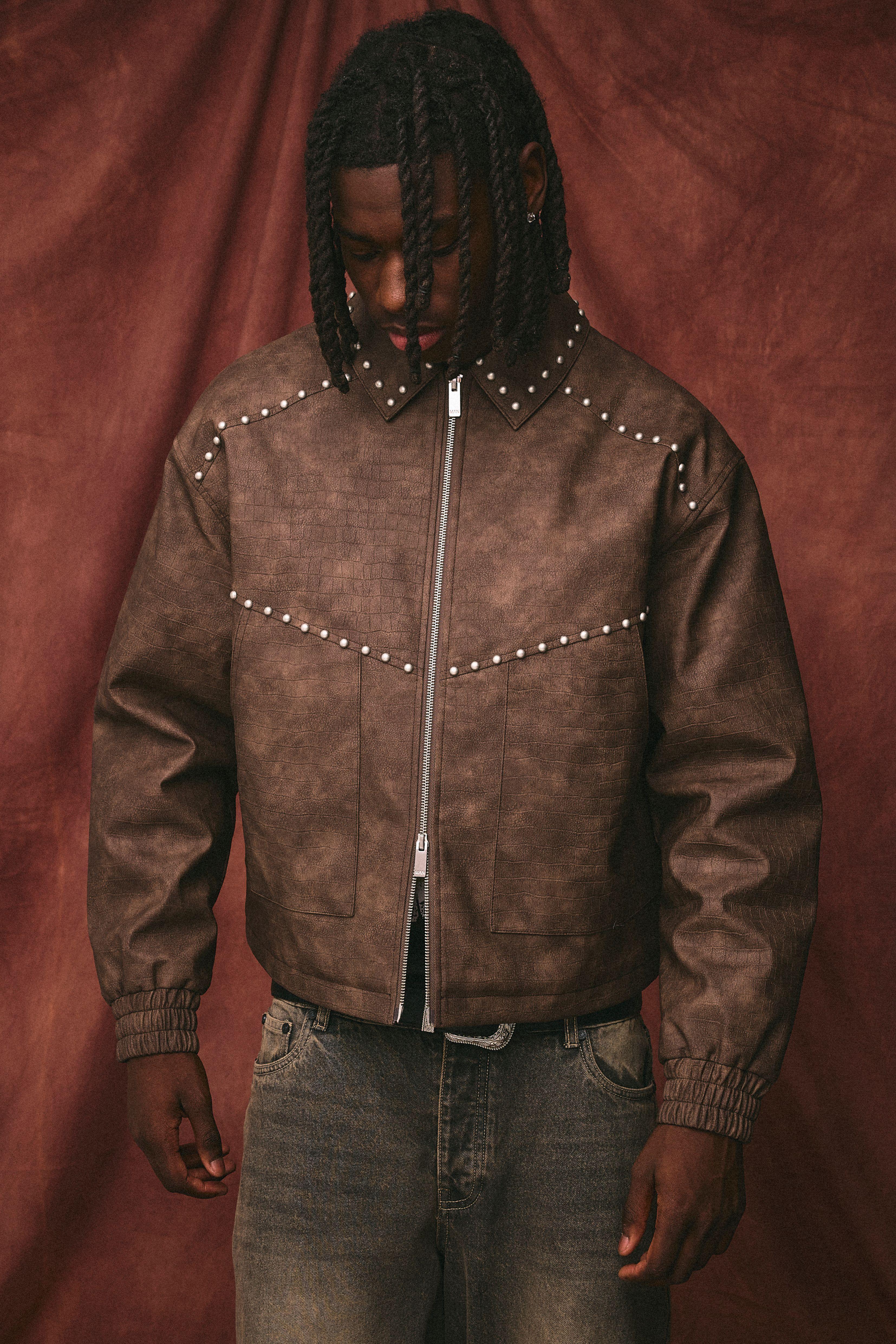 Croc PU Studded Embellished Harrington Jacket by BOOHOOMAN