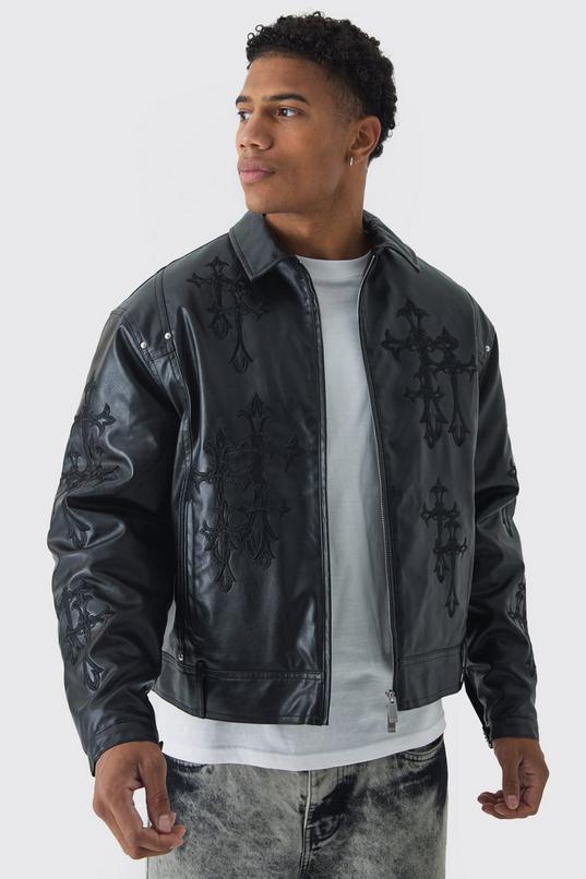 Cross Applique PU Bomber Jacket In Black by BOOHOOMAN