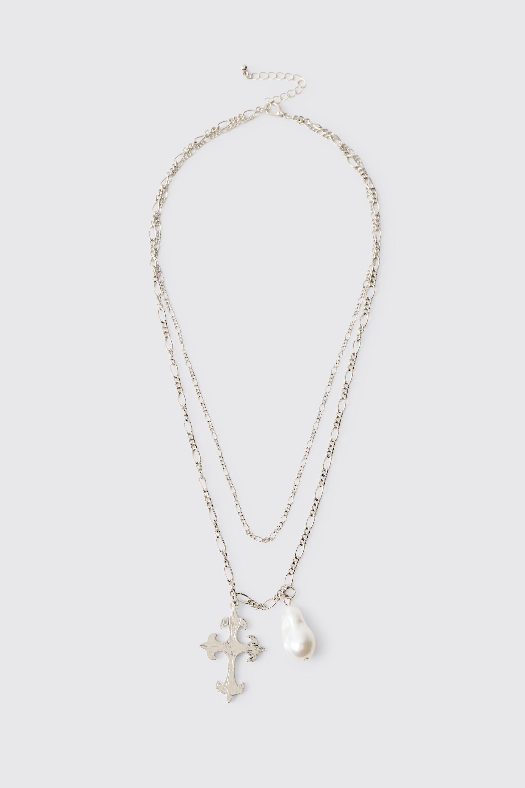 Cross and Faux Pearl Layered Necklace in Silver by BOOHOOMAN