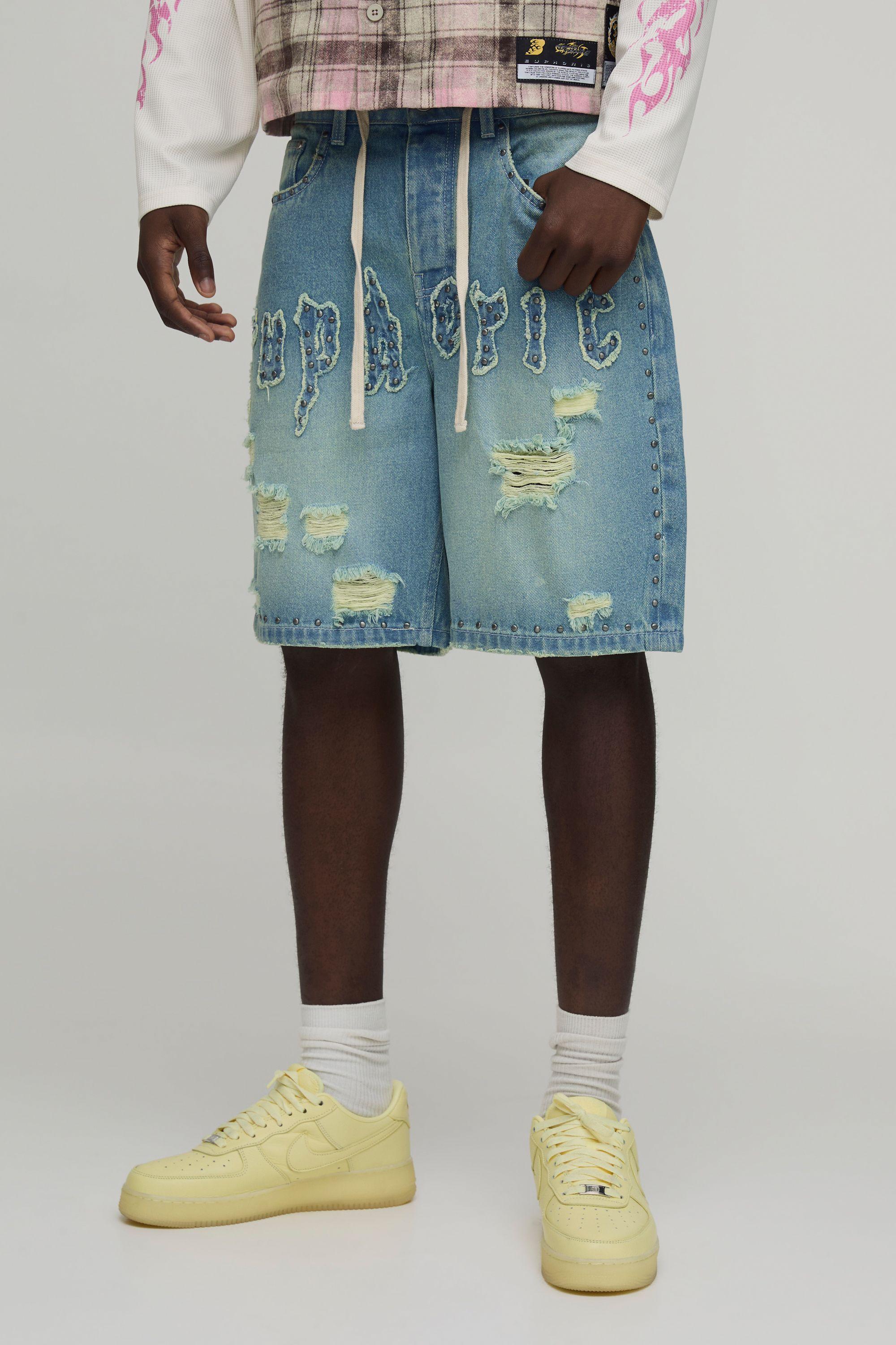 Crotch Applique Embellished Denim Shorts by BOOHOOMAN