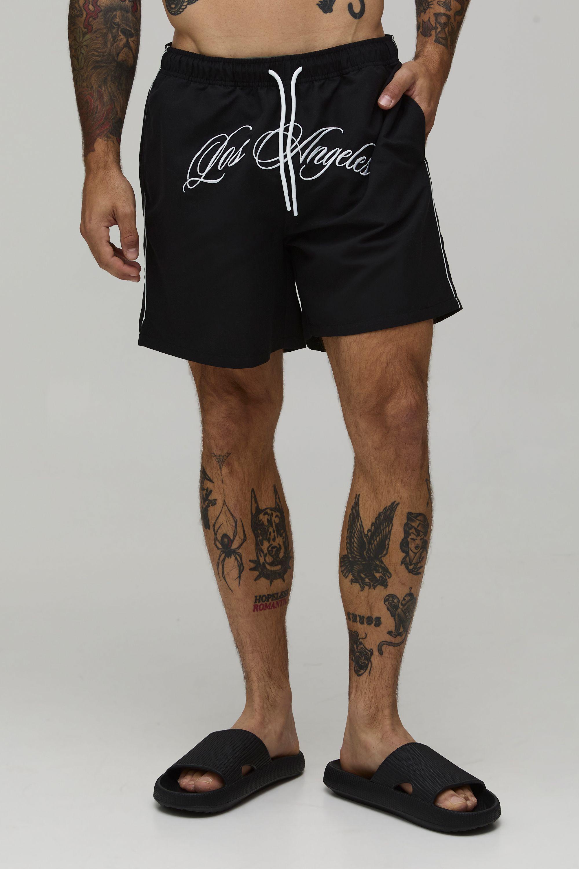 Crotch Embroidered Mid Length Swim Short by BOOHOOMAN
