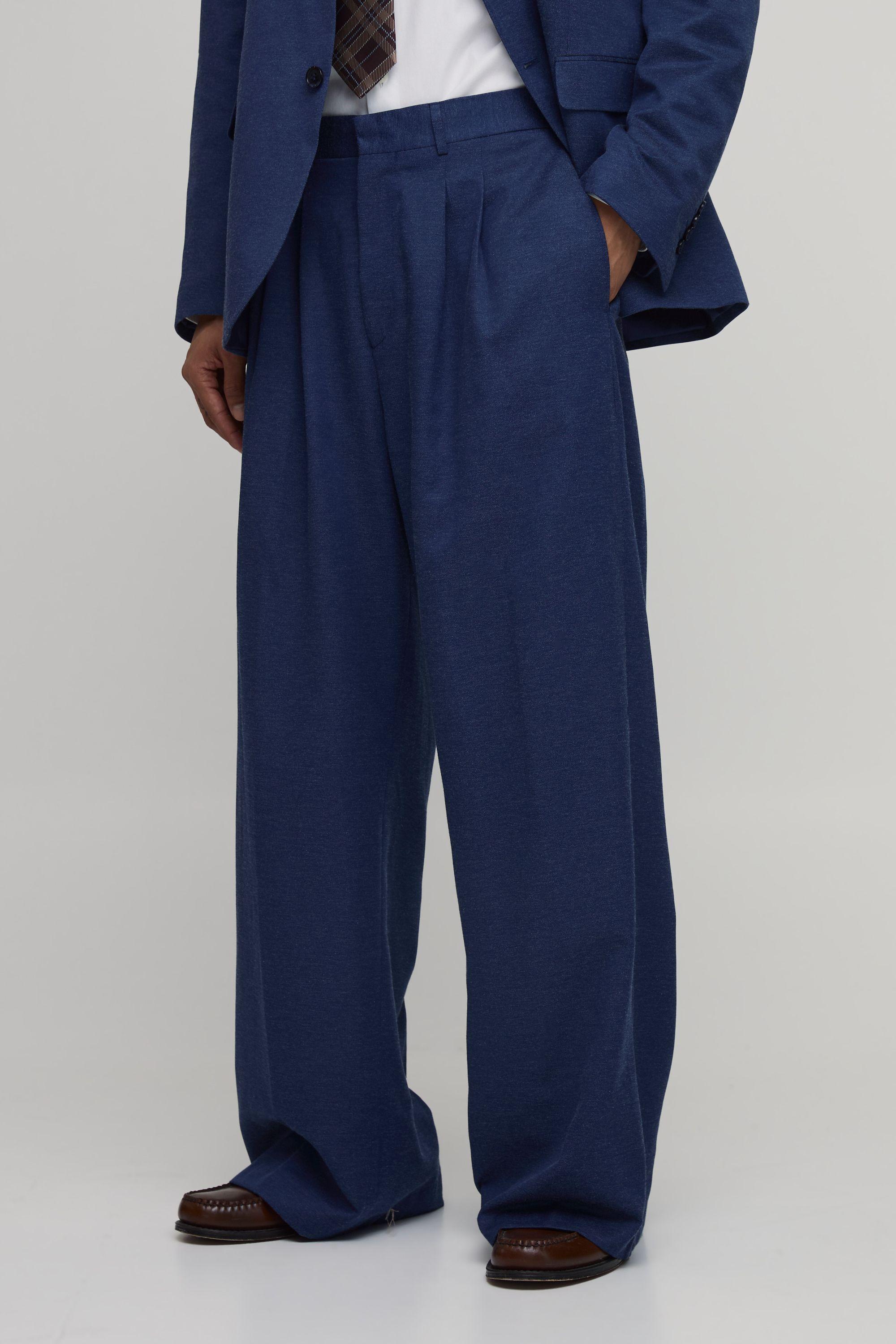 Denim Look Wide Leg Pleat Front Tailored Trousers by BOOHOOMAN