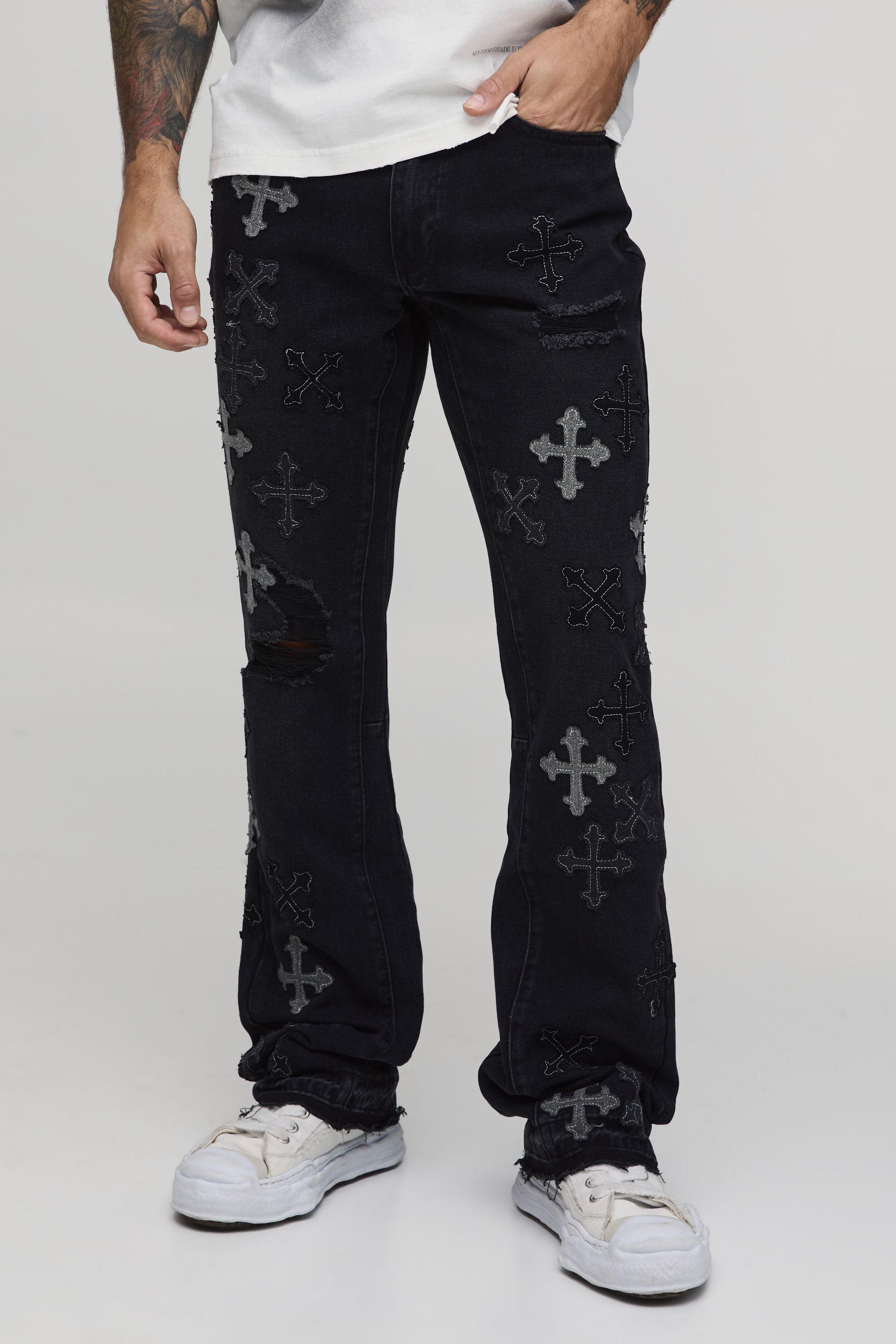 Distressed Applique Gusset Raw Hem Stacked Flared Jeans by BOOHOOMAN