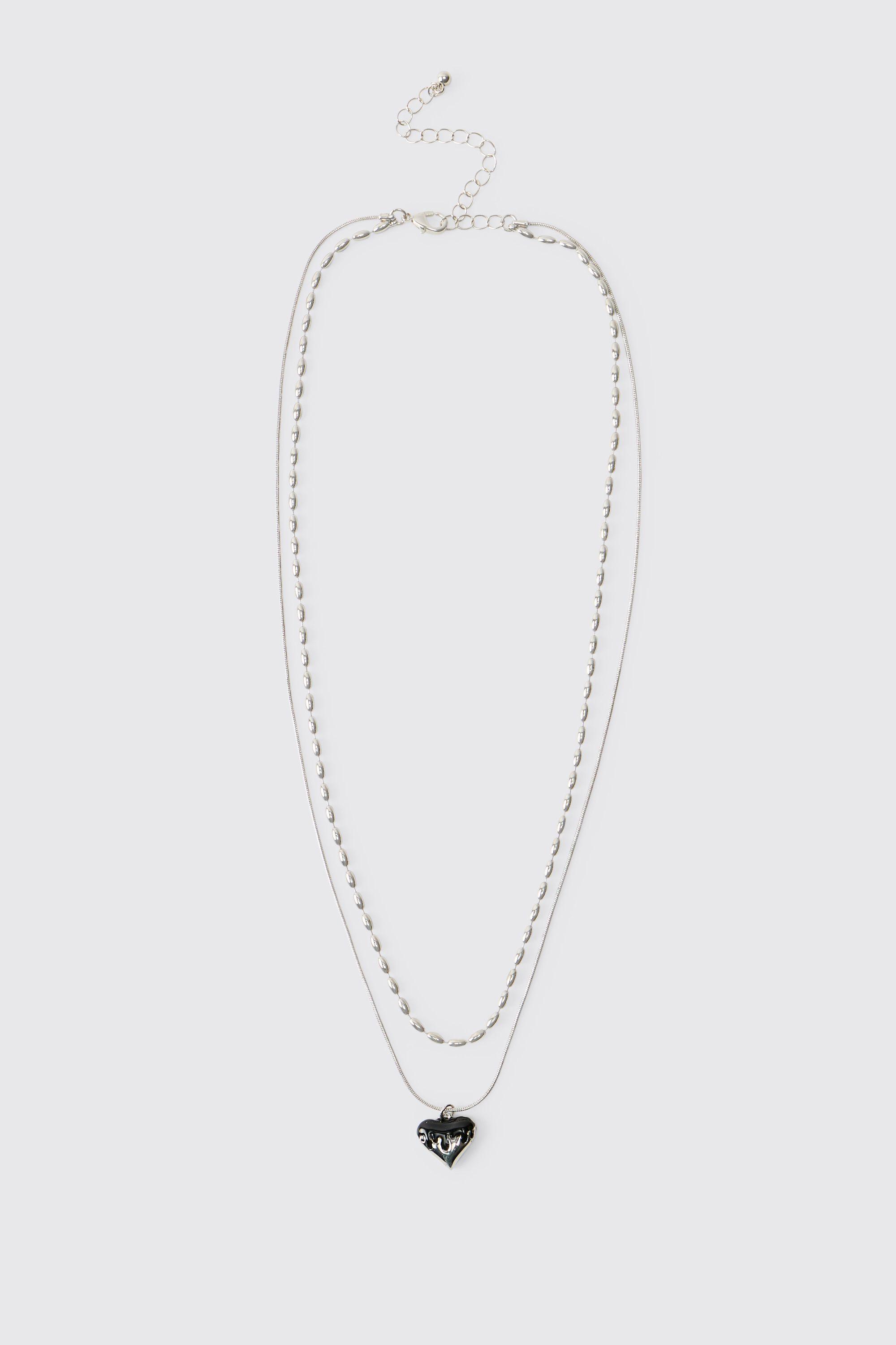 Double-Layer Silver Necklace with Black Molten Heart by BOOHOOMAN