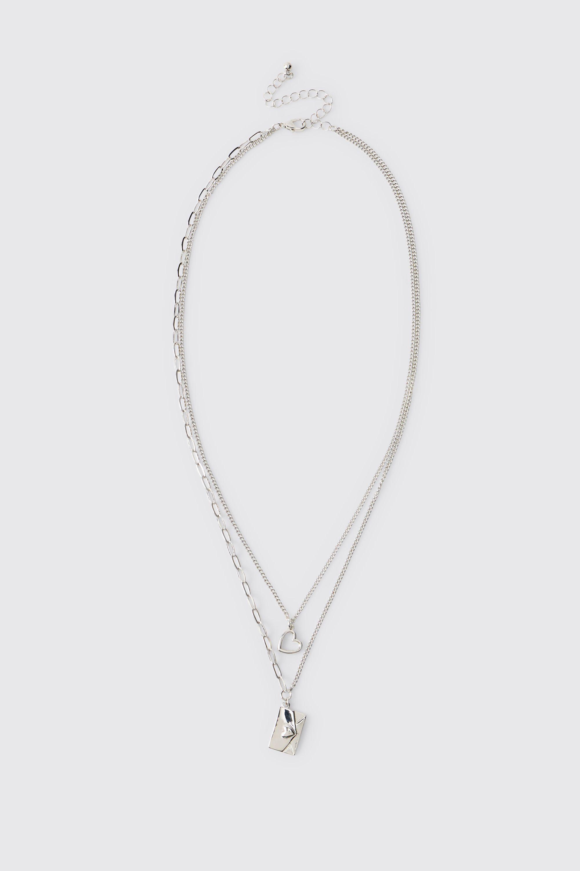 Double-Layer Silver Necklace with Envelope & Heart Charm by BOOHOOMAN
