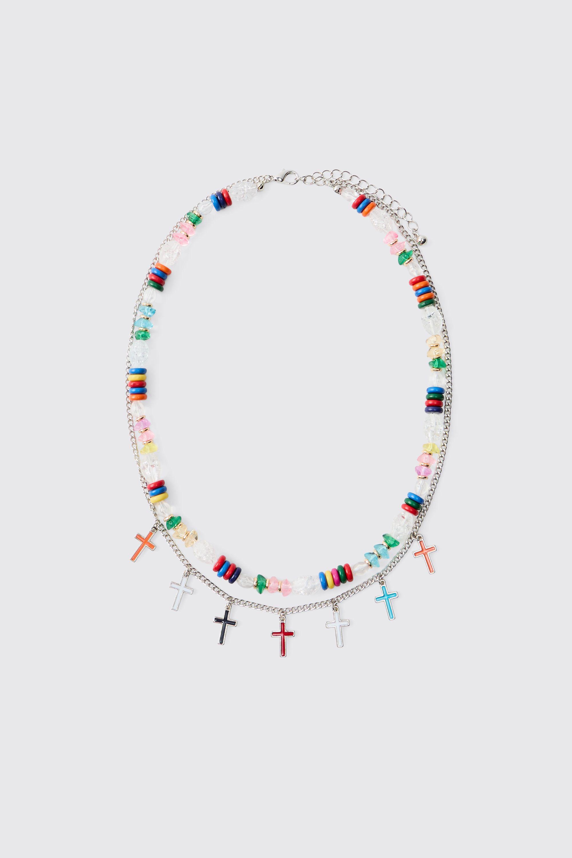 Double Layered Multi-Colour Beaded Cross Necklace by BOOHOOMAN