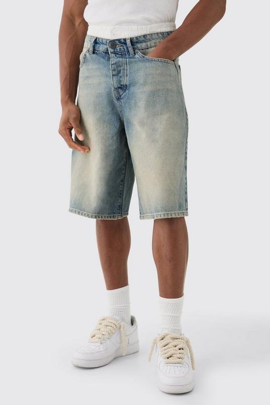 Double Waist Band Denim Jorts In Light Blue by BOOHOOMAN
