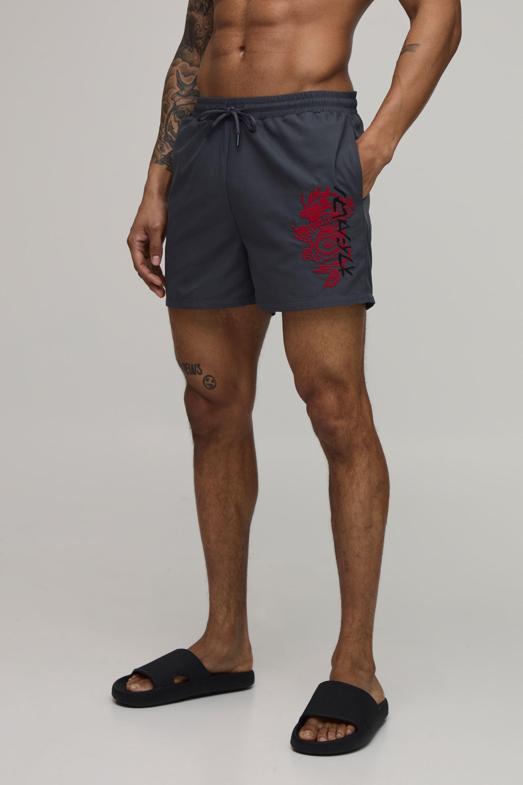Dragon Embroidery Short Length Swim Short by BOOHOOMAN
