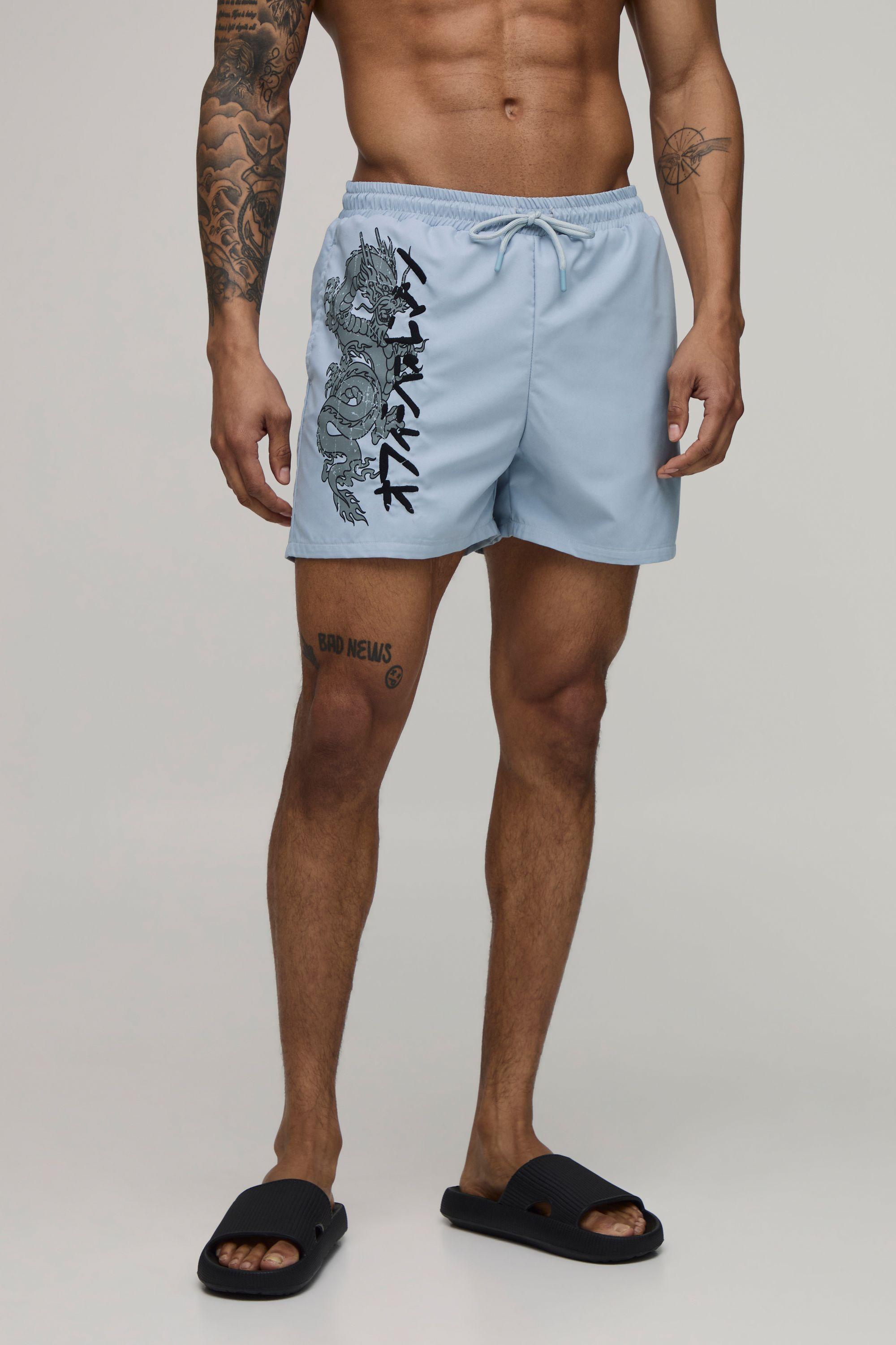 Dragon Print Embroidered Short Length Swim Short by BOOHOOMAN