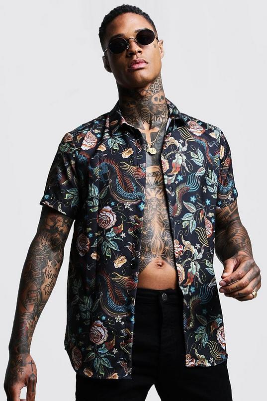 Dragon Print Regular Fit Short Sleeve Shirt by BOOHOOMAN