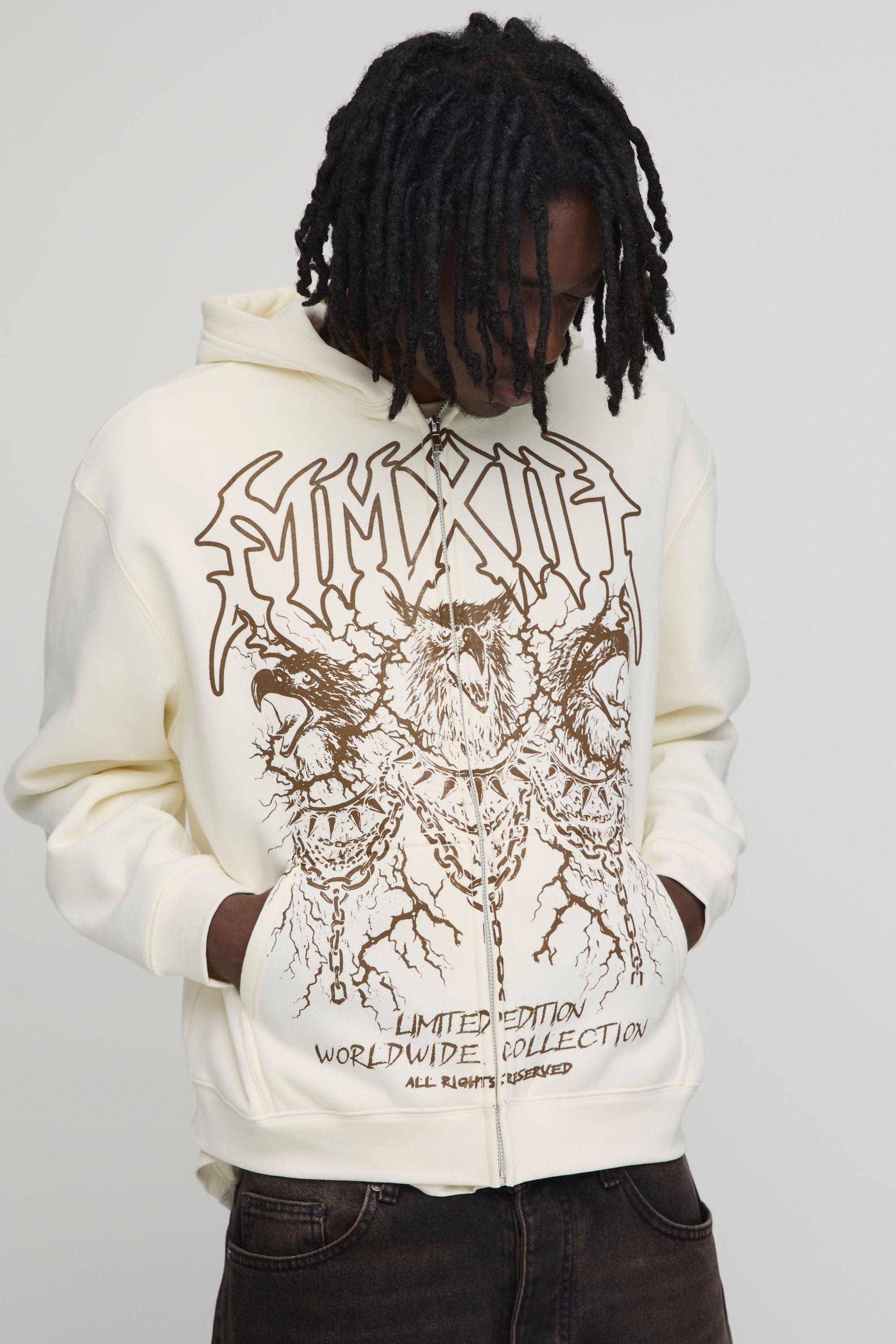 Ecru Oversized Boxy Eagle Print Zip Through Hoodie by BOOHOOMAN