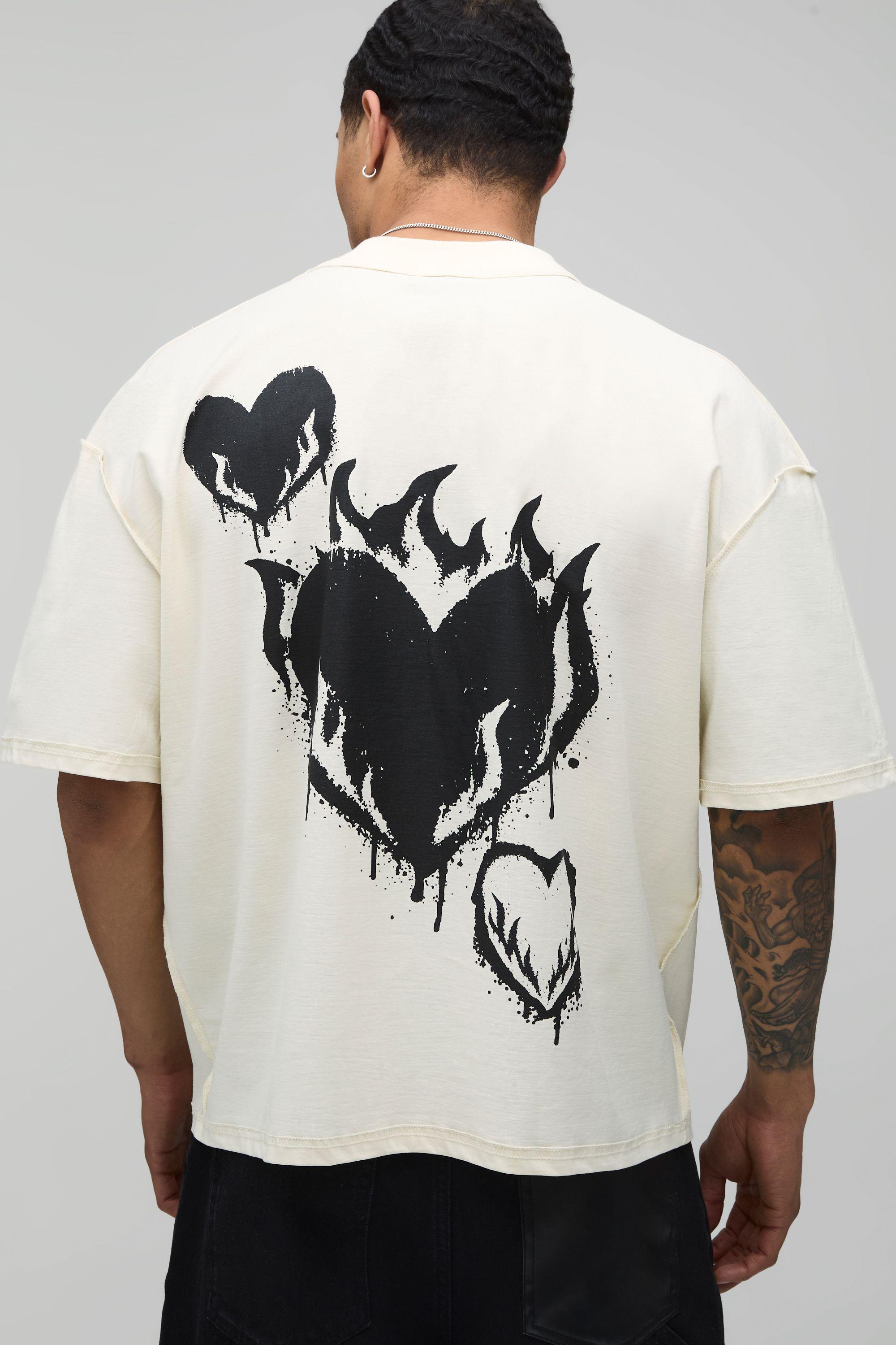 Ecru Oversized Boxy Exposed Seam Heart Graffiti Print T-Shirt by BOOHOOMAN