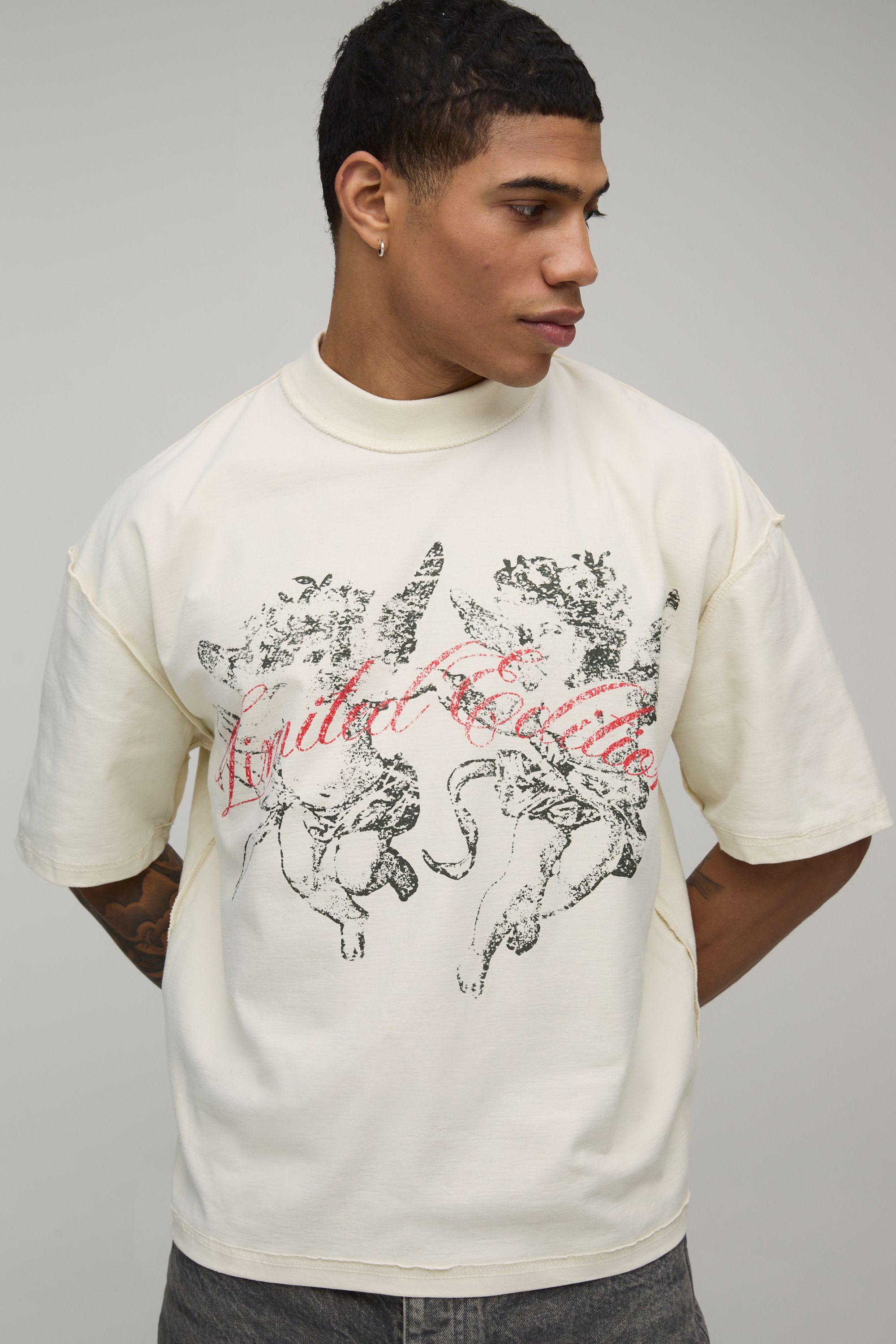 Ecru Oversized Boxy Extended Neck Exposed Seam Cherub T-shirt by BOOHOOMAN