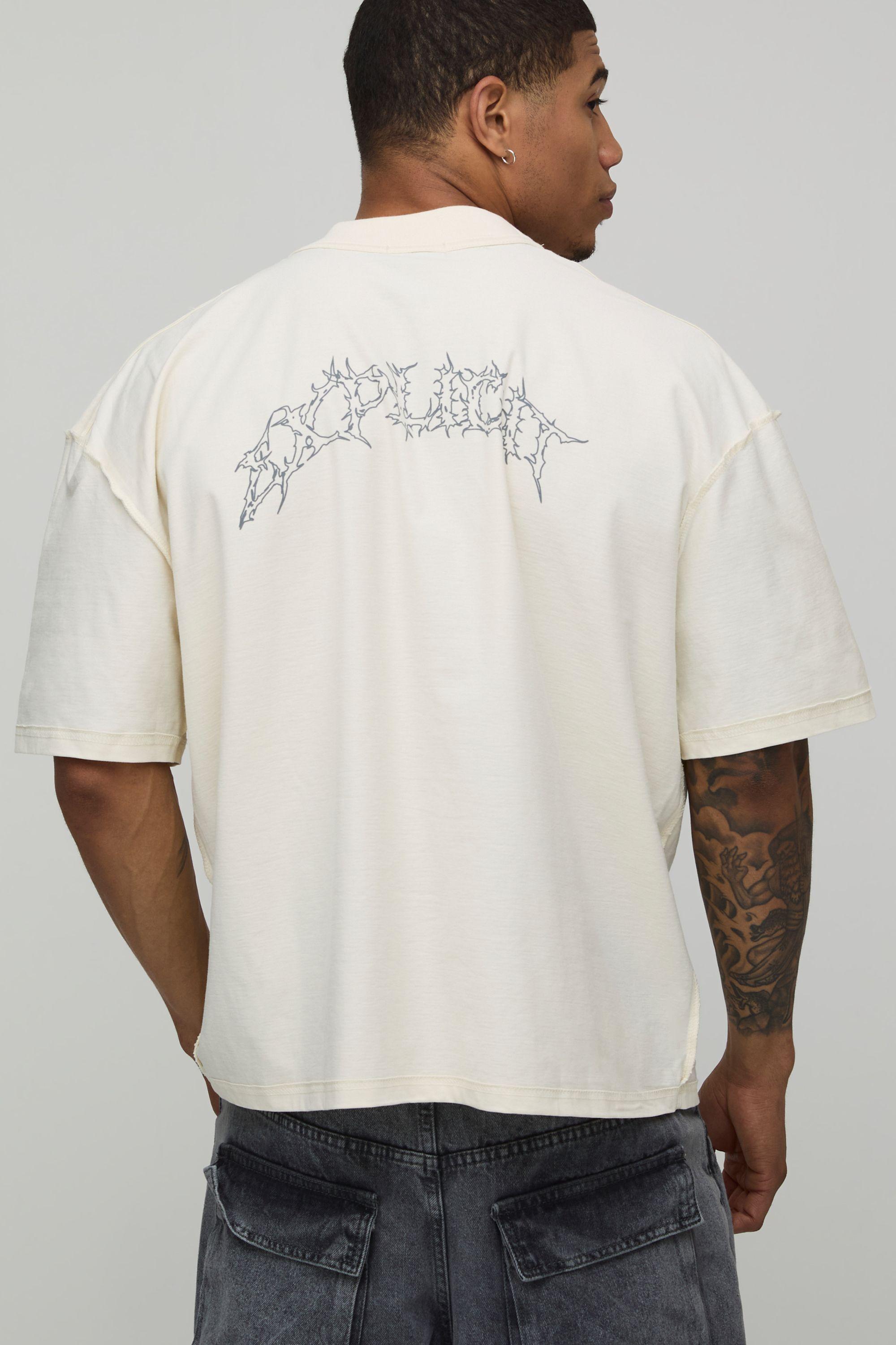 Ecru Oversized Boxy Print Exposed Seam T-Shirt by BOOHOOMAN