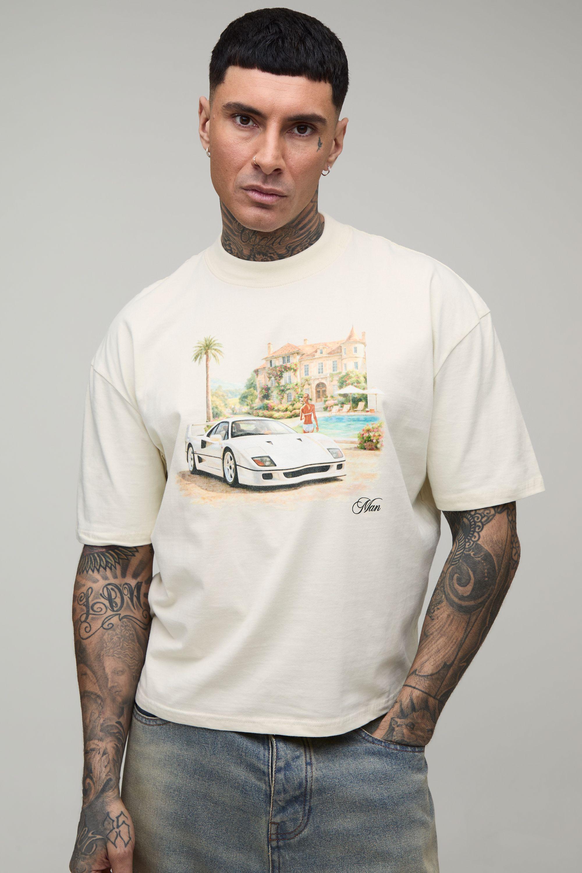 Ecru Oversized Boxy Resort Print T-Shirt by BOOHOOMAN