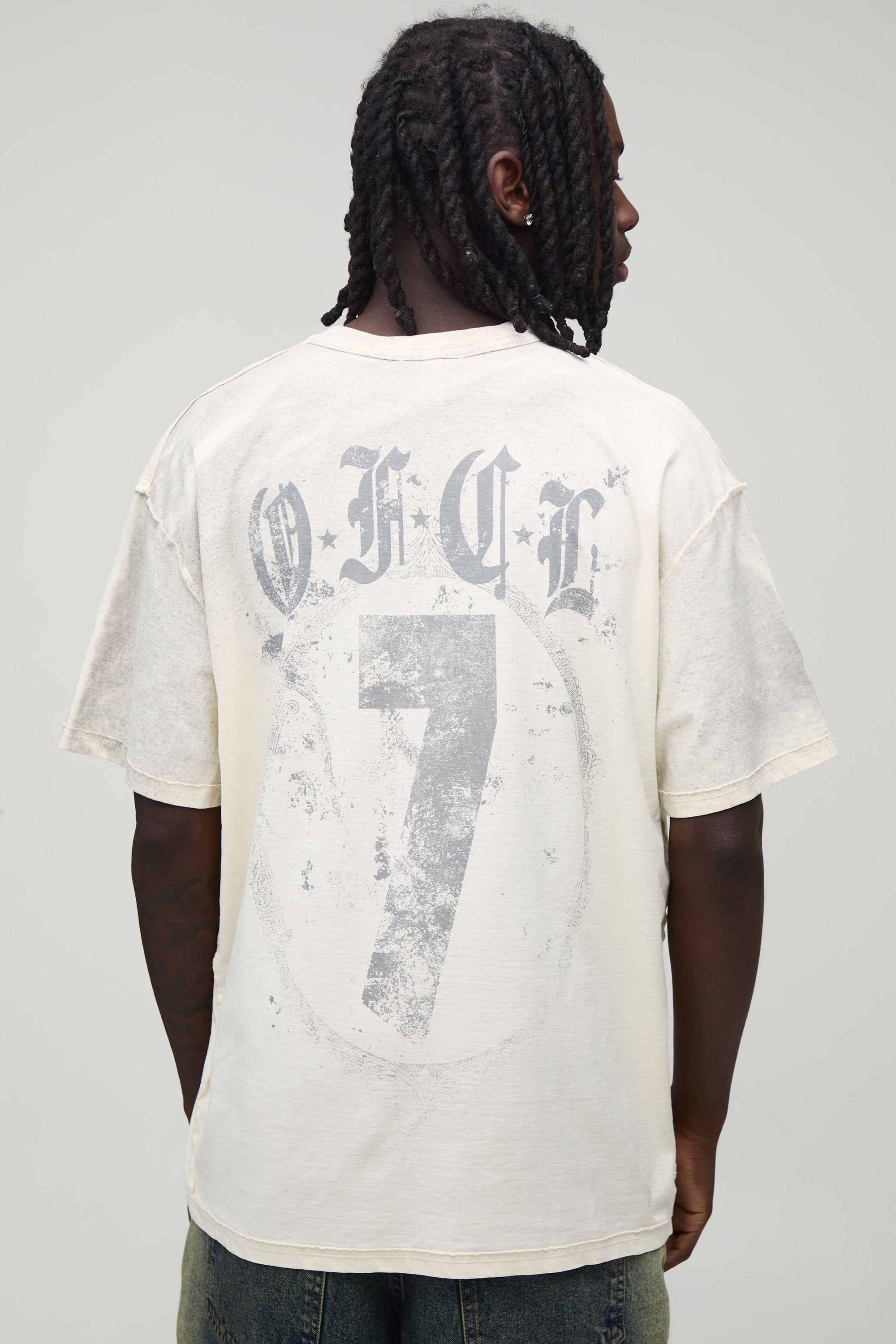 Ecru Oversized Exposed Seam Print Spray Wash T-Shirt by BOOHOOMAN