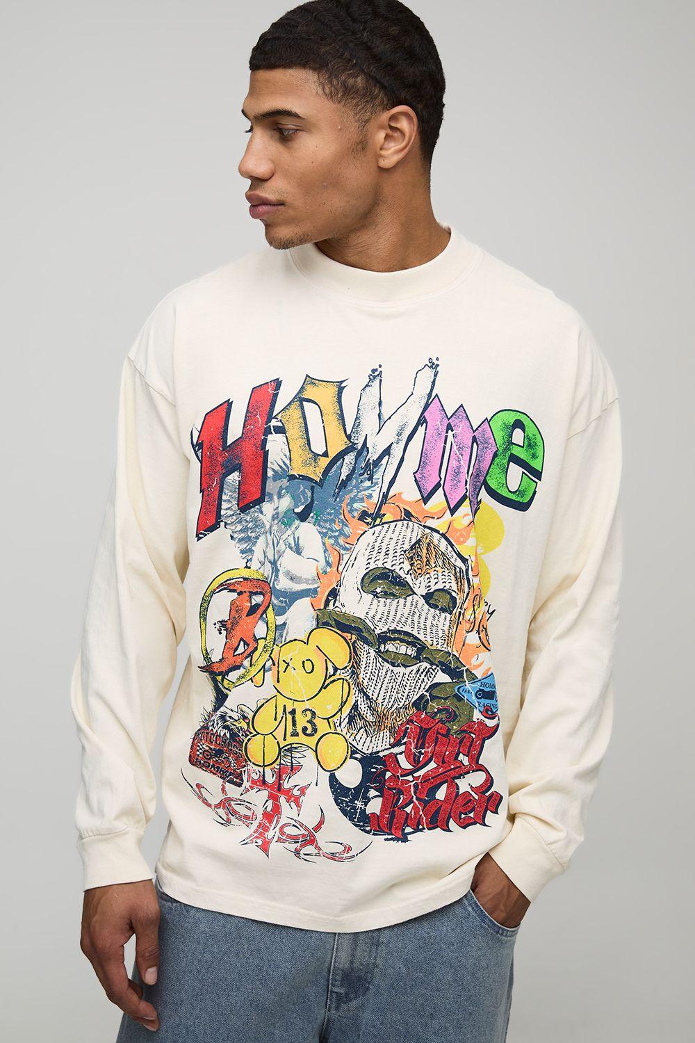 Ecru Oversized Fit Graffiti Long Sleeve Printed T-Shirt by BOOHOOMAN