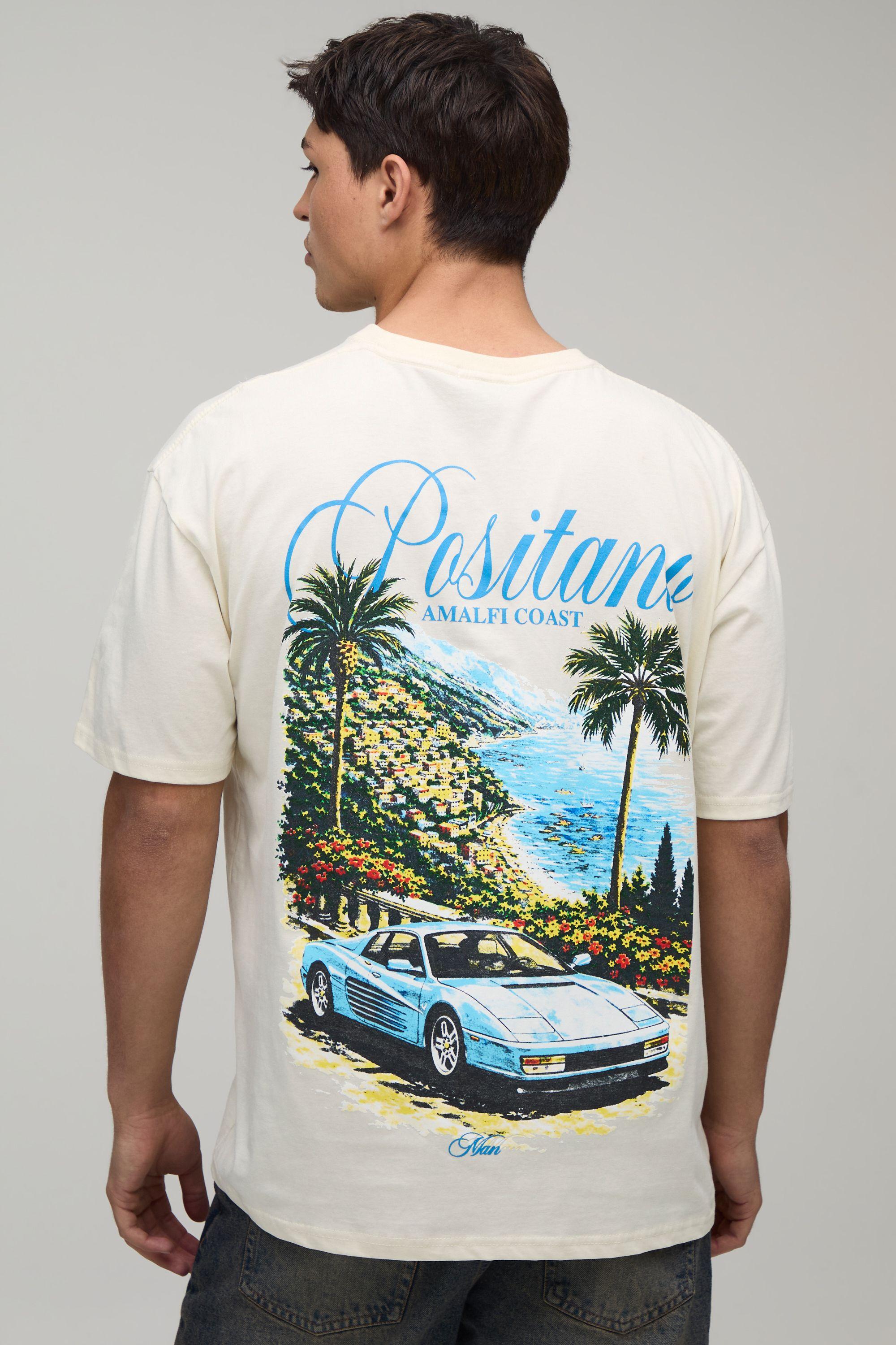 Ecru Oversized Positano Car Print T-Shirt by BOOHOOMAN