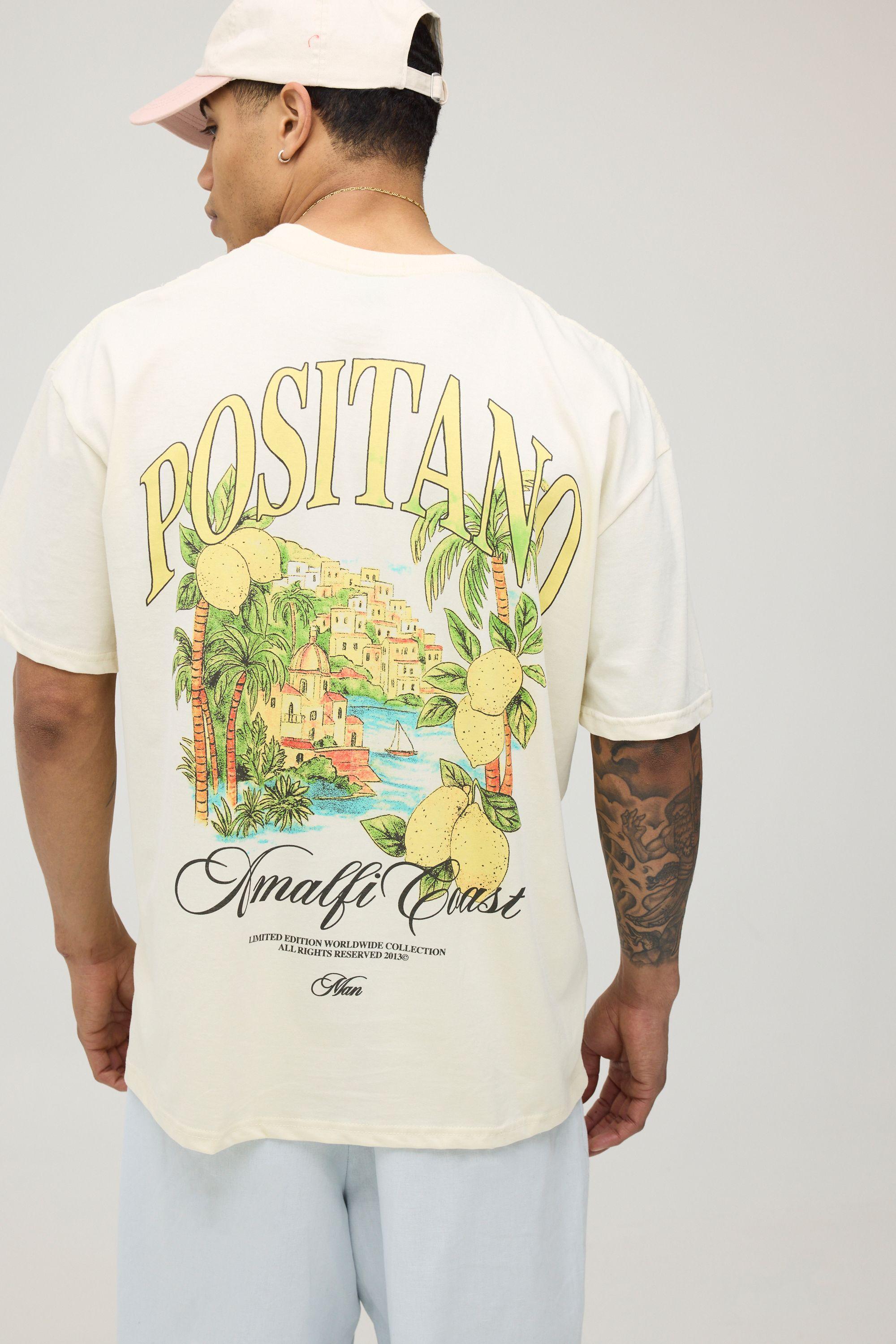 Ecru Oversized Positano Palm Print T-Shirt by BOOHOOMAN